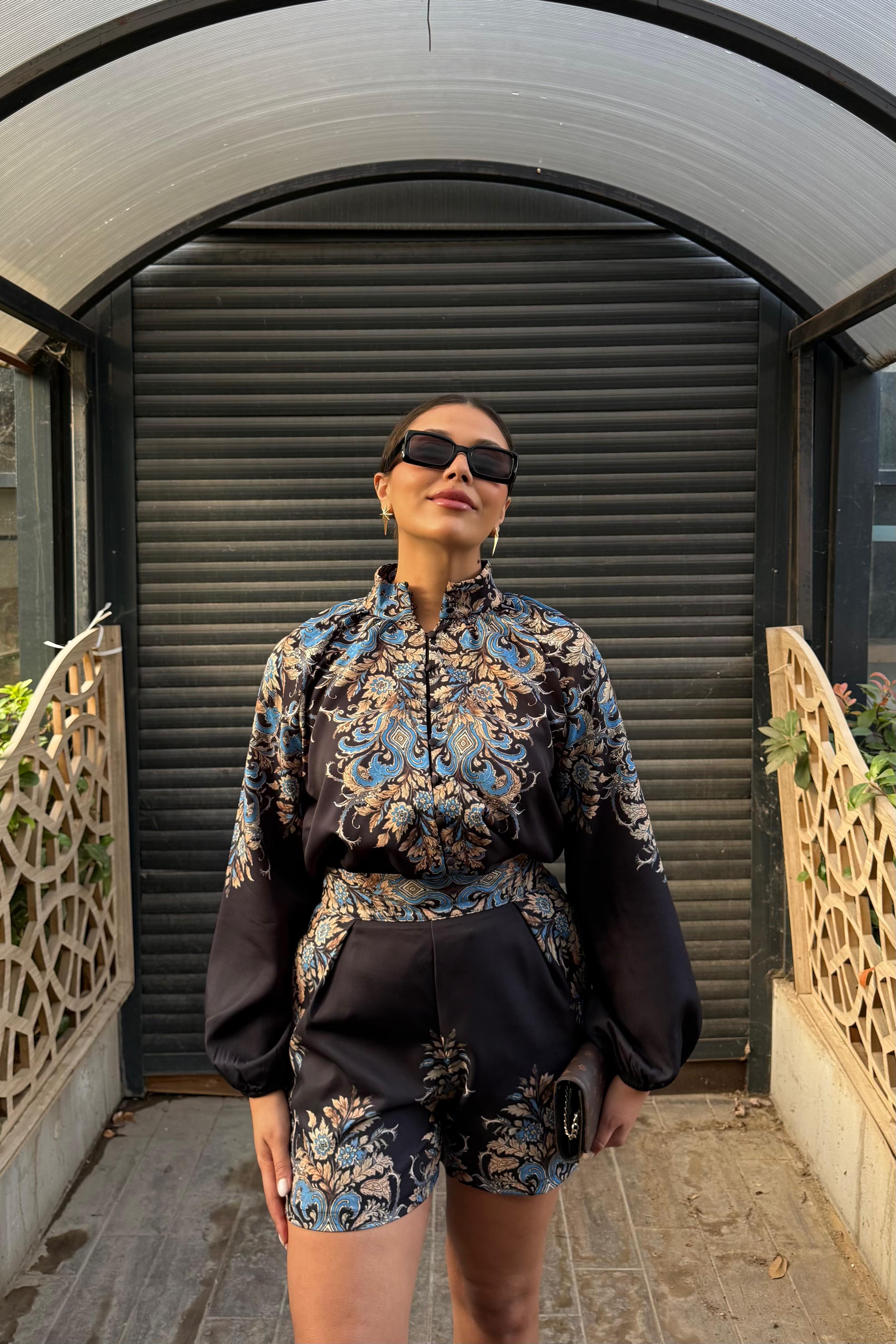 Barok Desenli Saten Takım - siyah