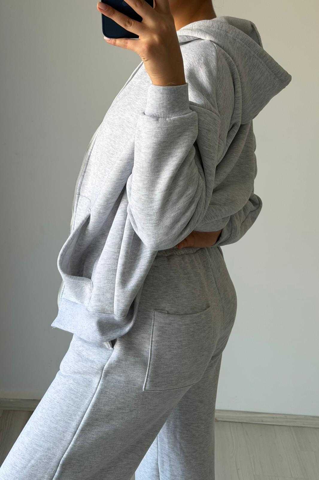 Gri Üç İplik Şardonlu Oversize Eşofman Takımı