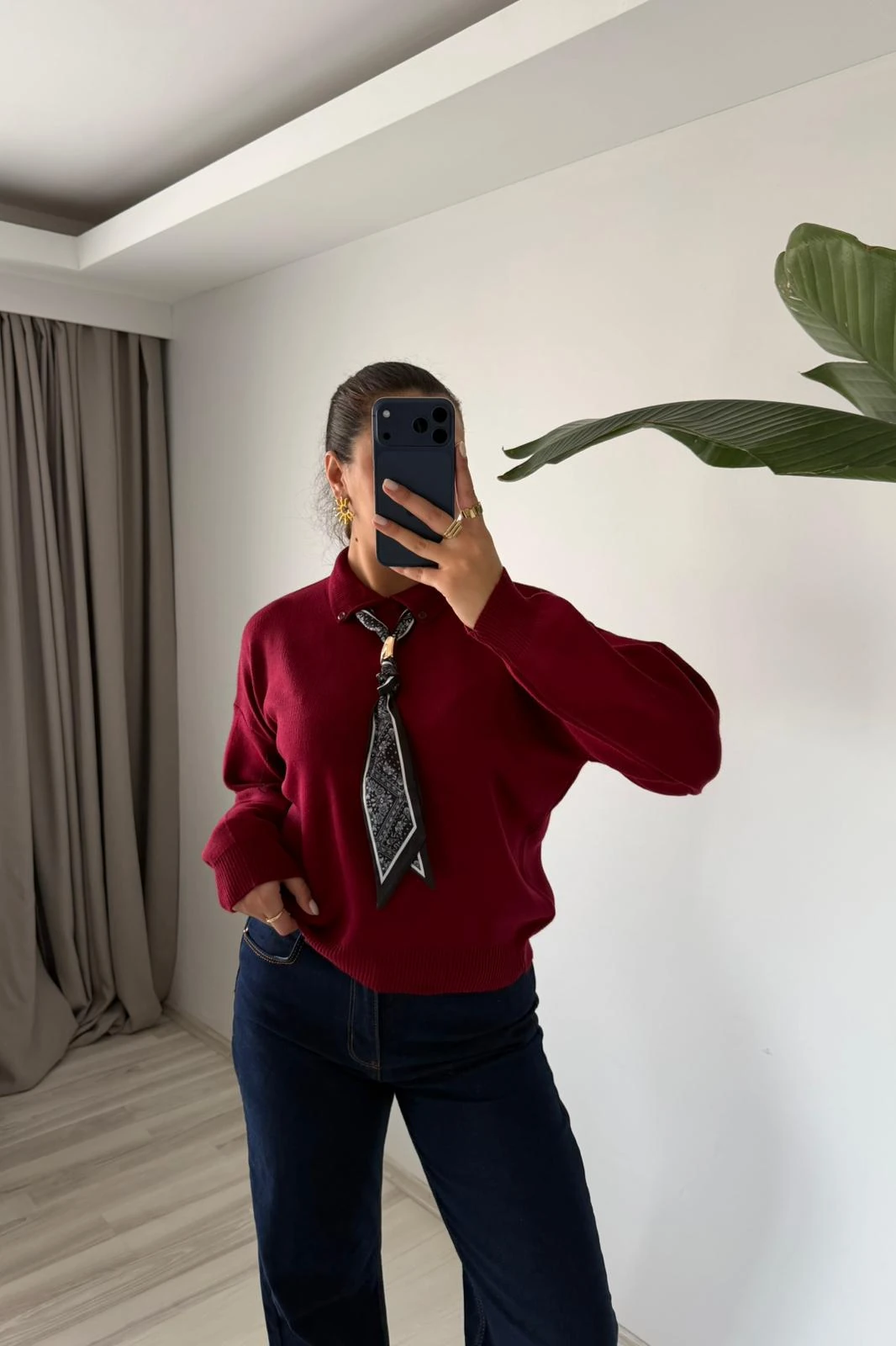 Oversize Polo Yaka Triko Kazak (Fularlı)