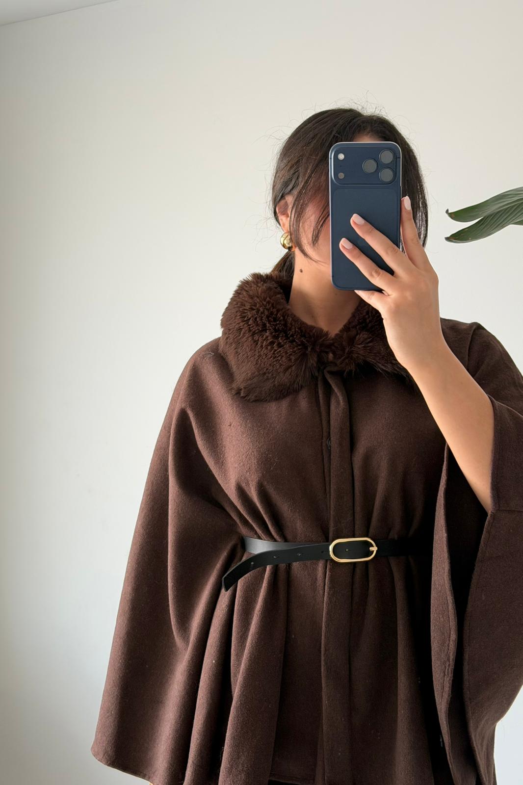 Peluş Yaka Oversize Panço Ceket – Kahverengi