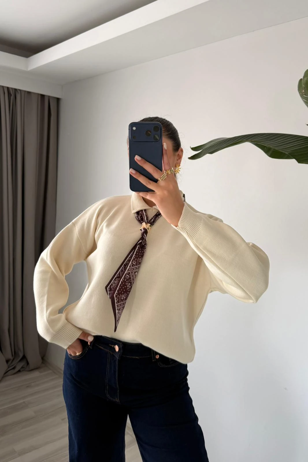 Oversize Polo Yaka Triko Kazak (Fularlı) - ekru