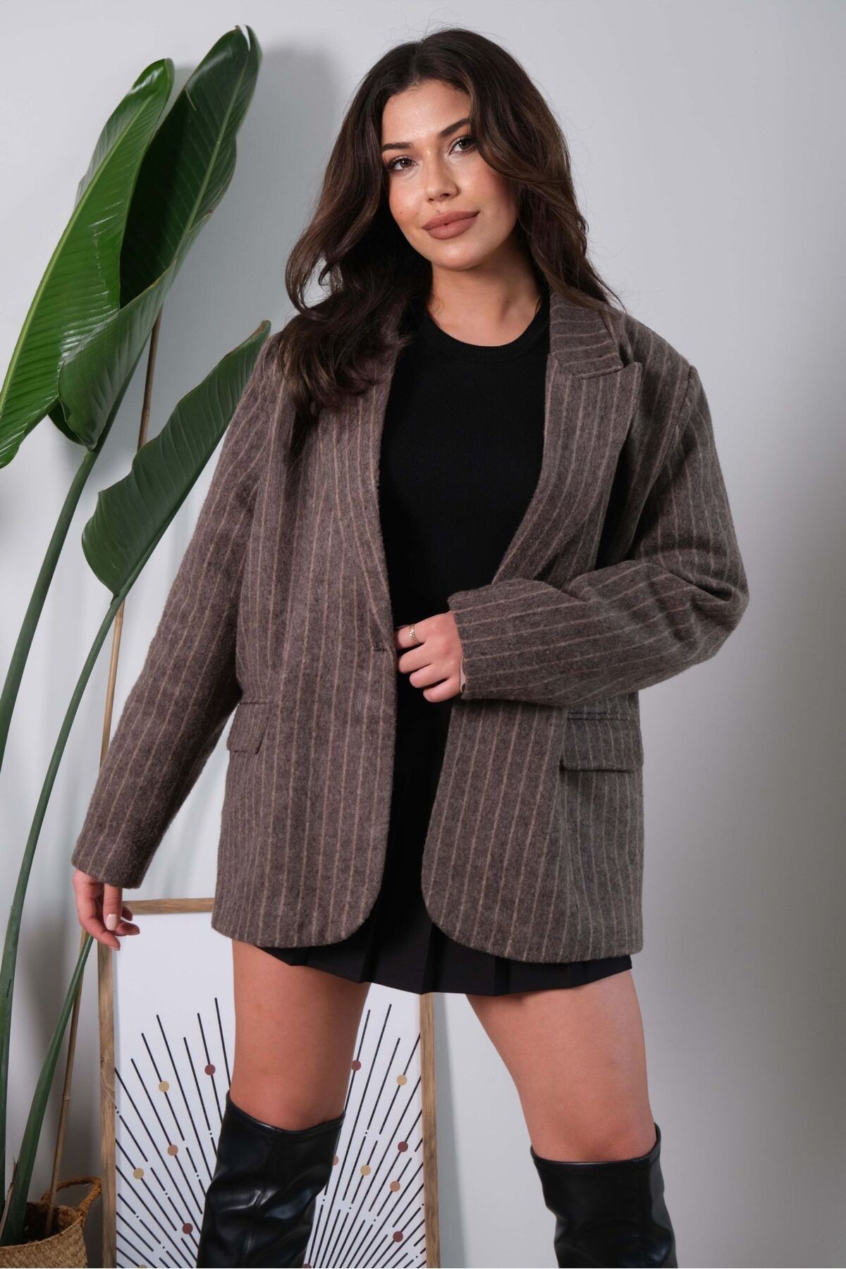 Kahve Çizgili Kaşe Blazer Ceket