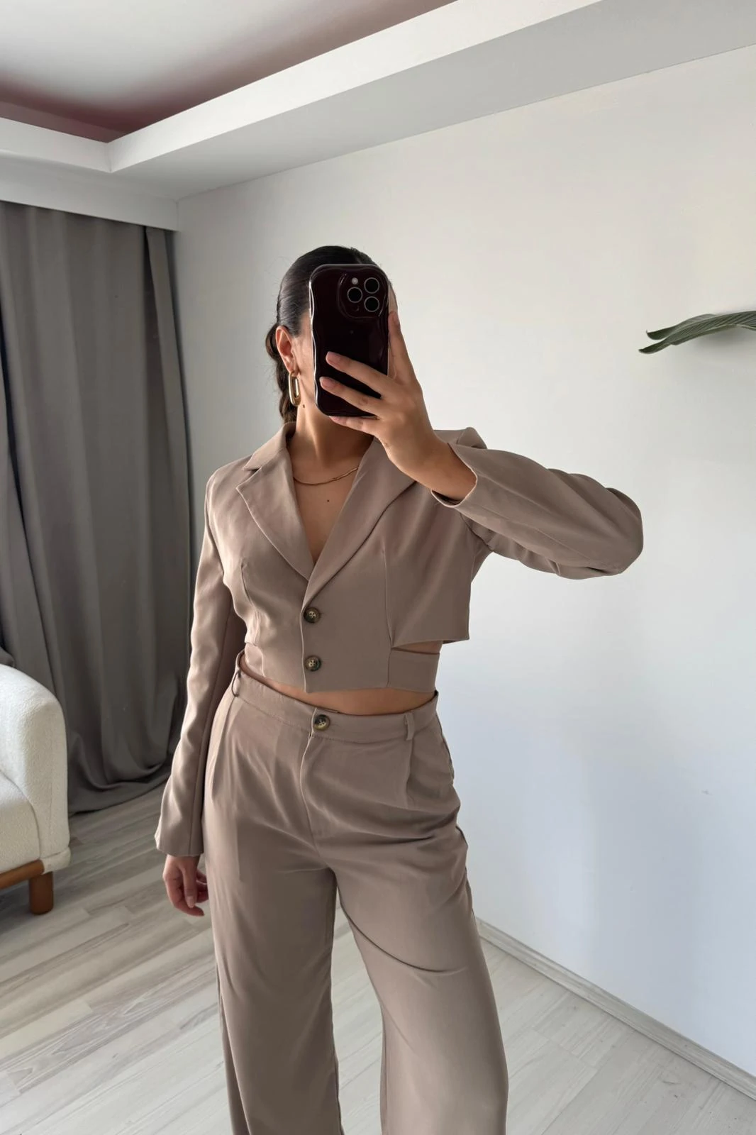 Palazzo Crop Ceket Takım - vizon