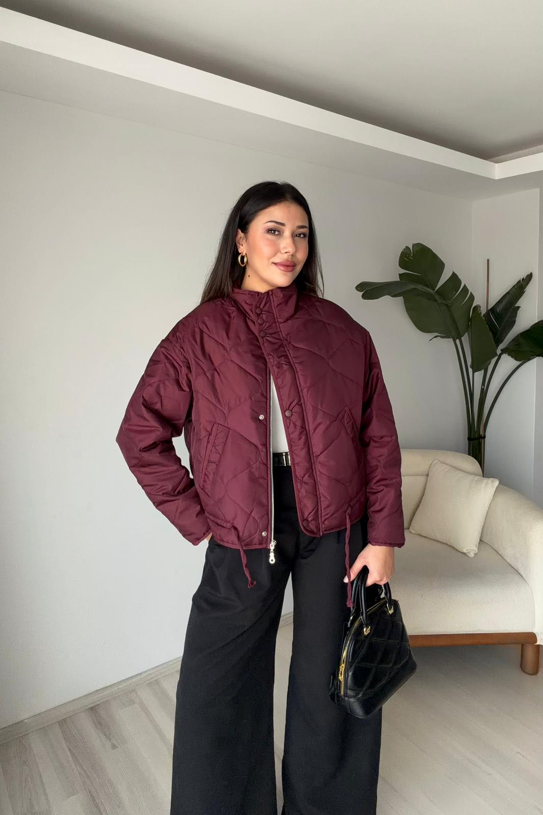 Kısa Kapitone Ceket - Bordo