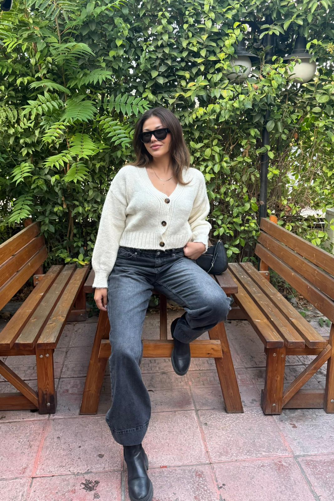 Kadın Crop Triko Hırka - ekru