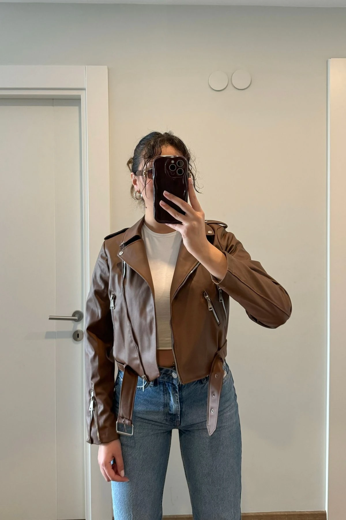 Kemerli Suni Deri Ceket