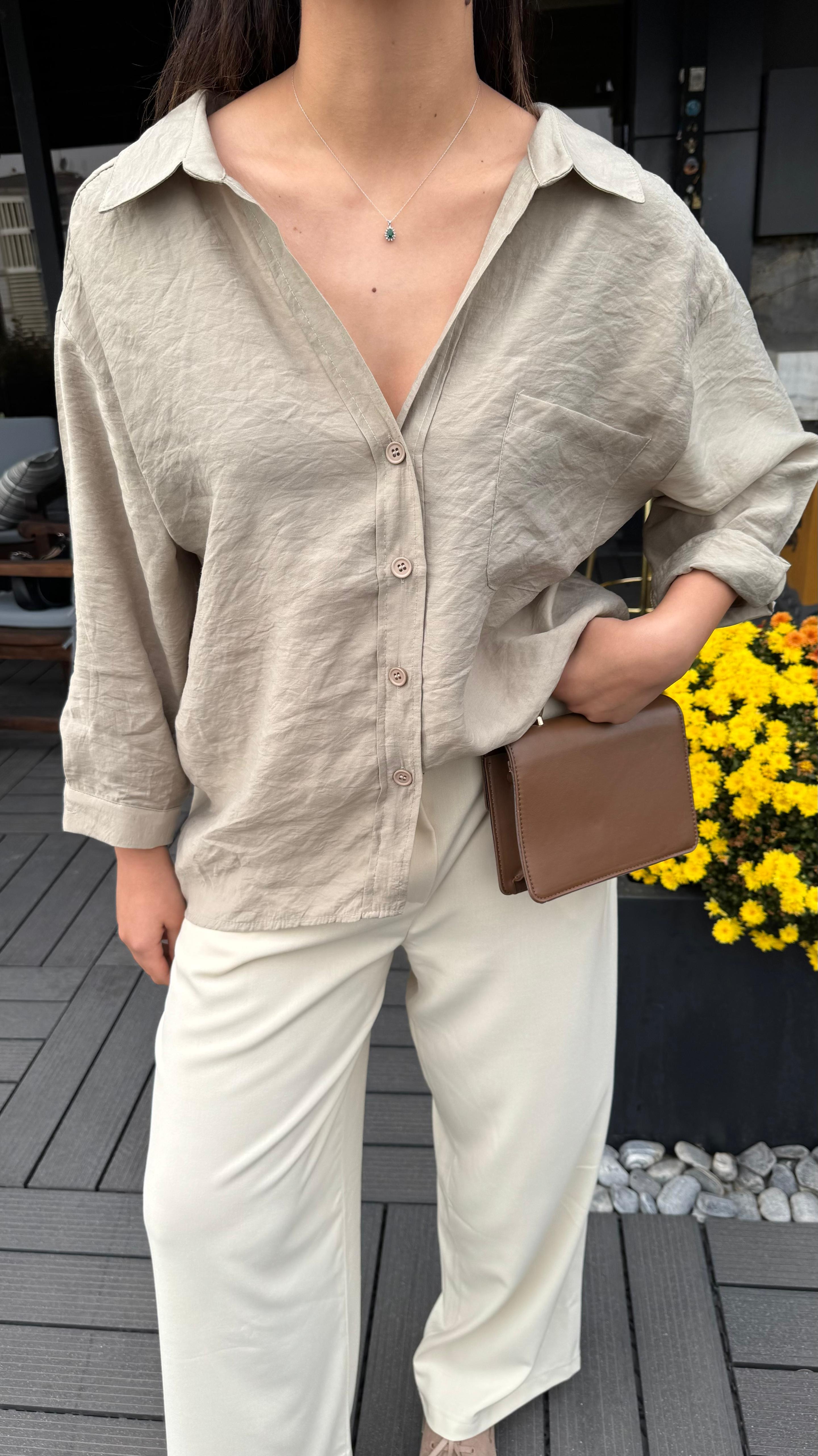 Oversize Keten Dokulu Gömlek