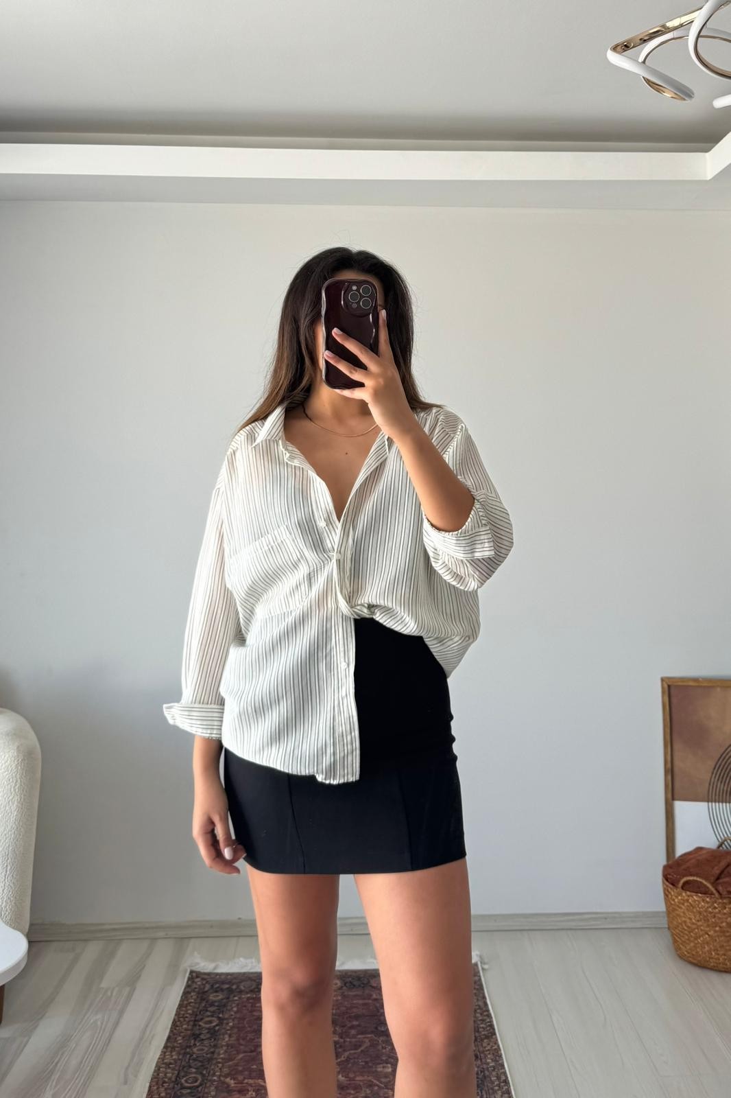 Çizgili Oversize Uzun Kollu Gömlek – Ekru/Haki