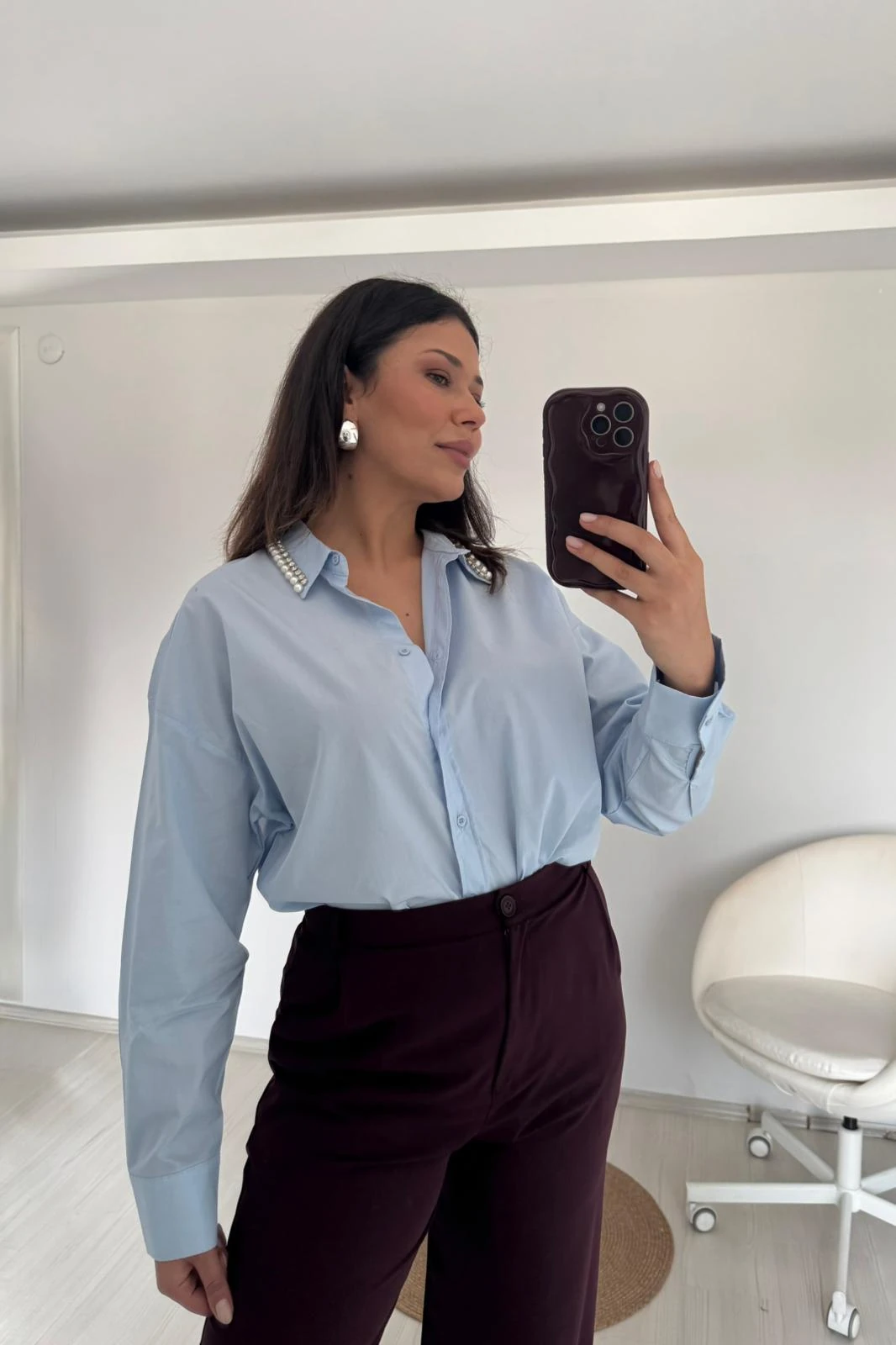 İnci Yaka Pamuk Gömlek - mavi