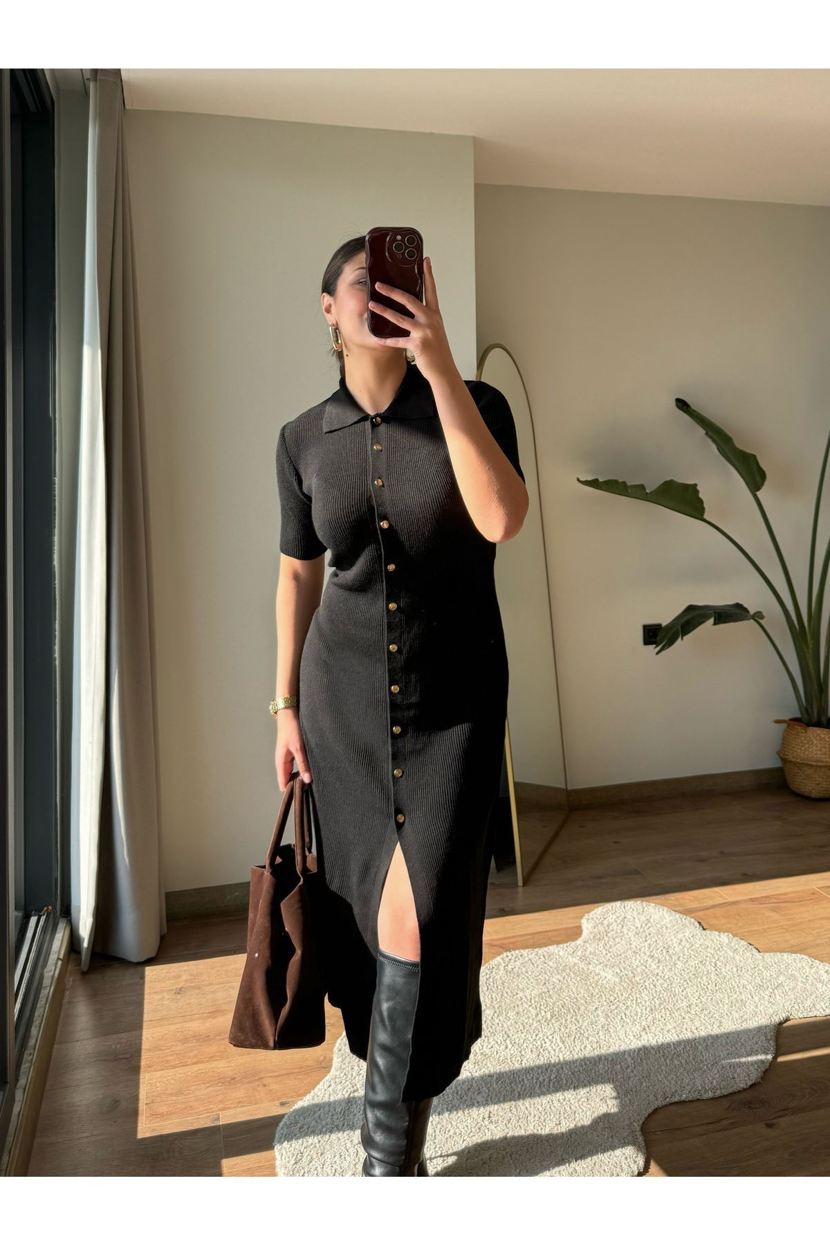 Gold düğmeli midi boy  triko elbise