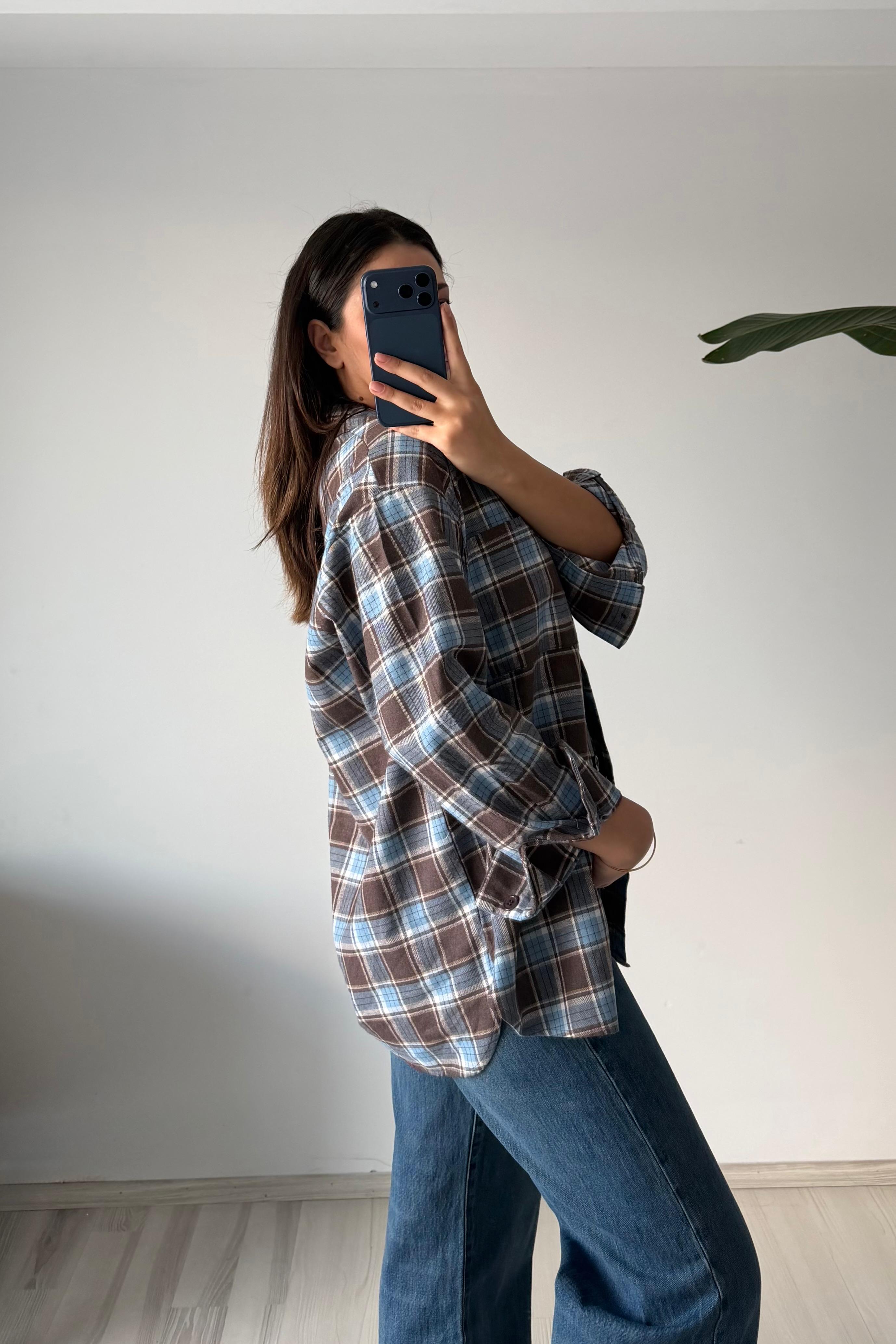 Oduncu Dokulu Kareli Oversize Gömlek - mavi