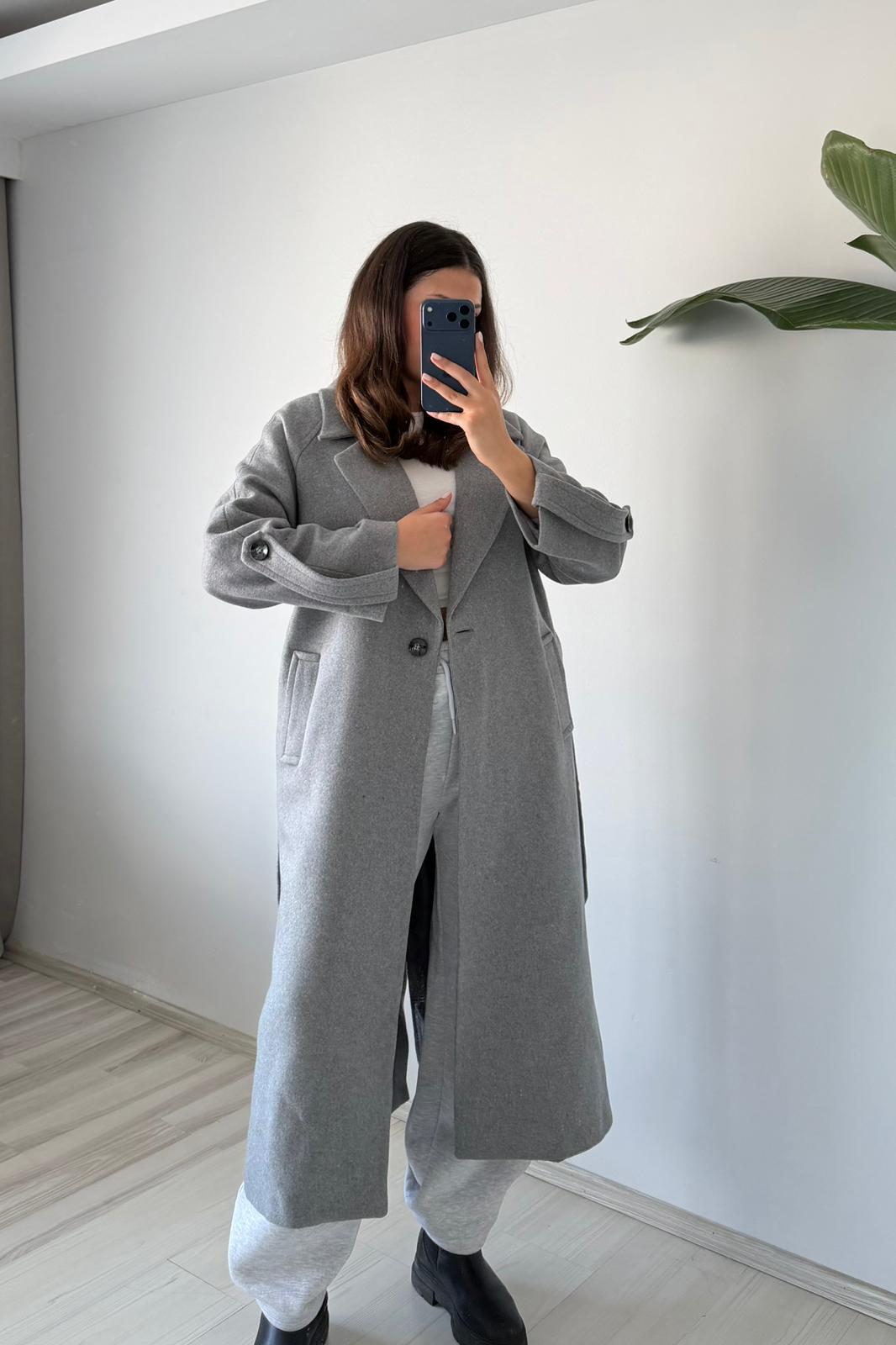 Oversize Kemerli Kaşe Palto