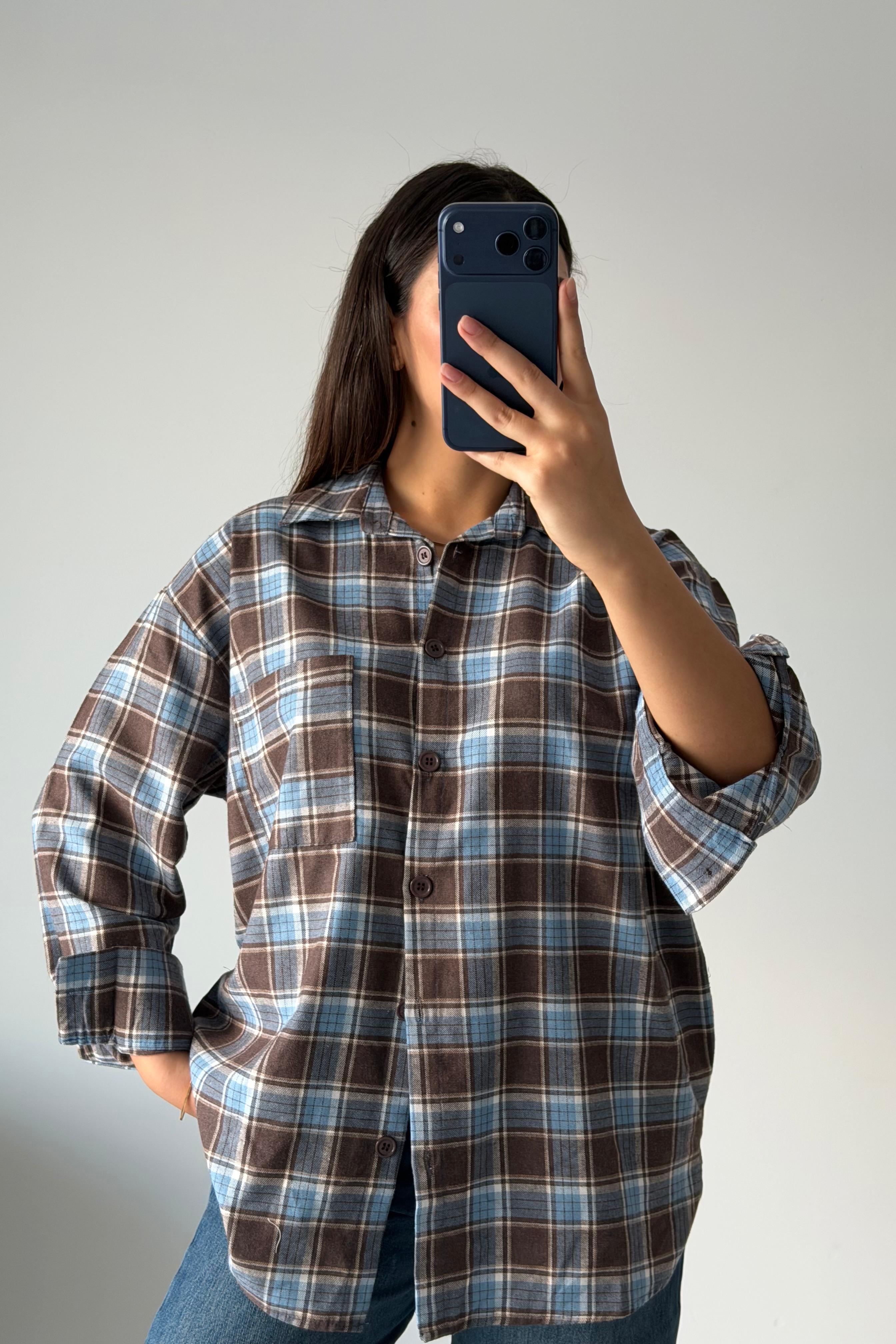 Oduncu Dokulu Kareli Oversize Gömlek - mavi