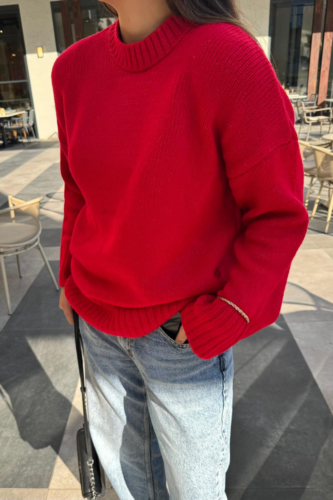 Bisiklet Yaka Oversize Triko Kazak - kırmızı