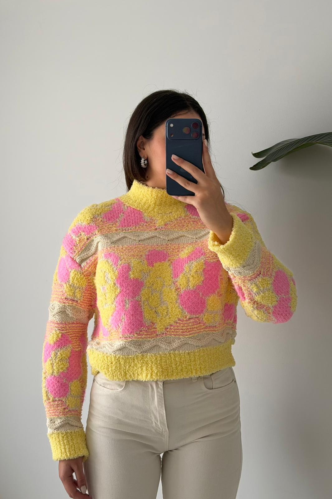 Peluş Dokulu Desenli Triko Kazak