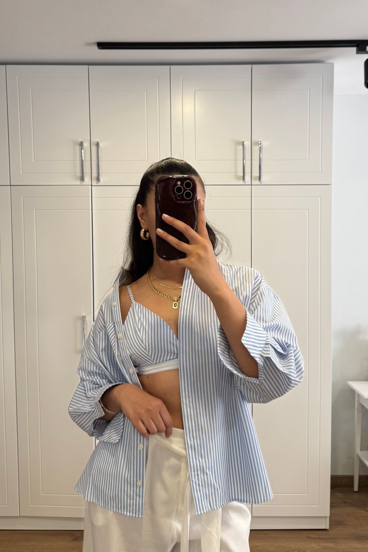 Kadın Çizgili Oversize Gömlek & Bralet Takım