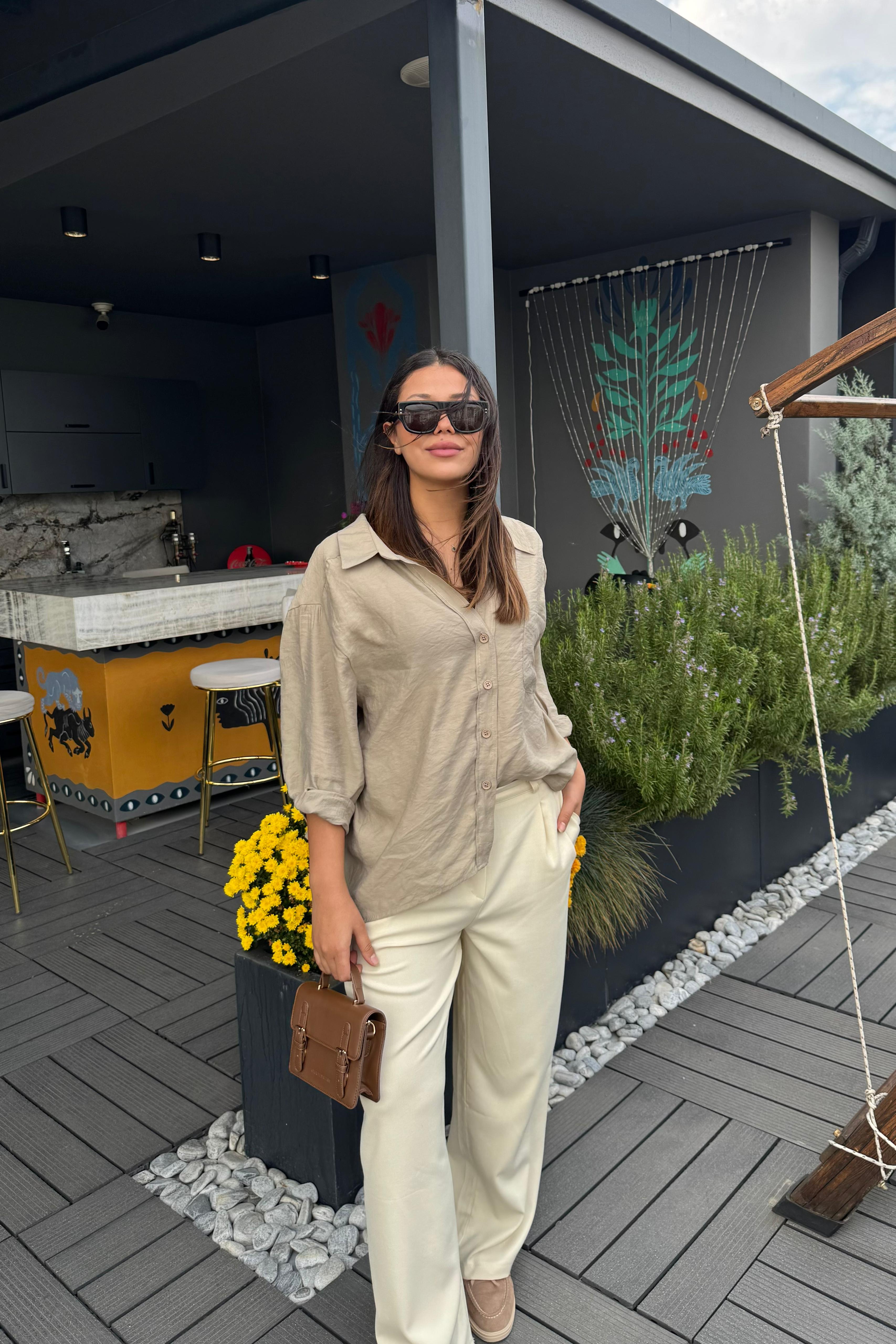 Normal Bel Düz Kesim Palazzo Pantolon – Ekru