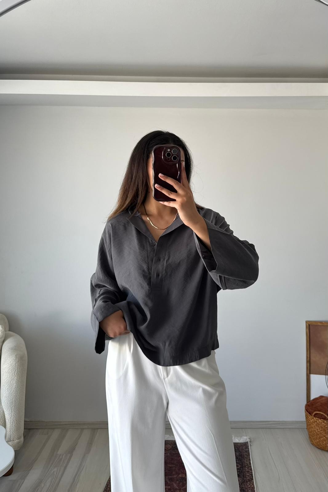 Gamla Oversize Keten Dokulu Polo Yaka Gömlek