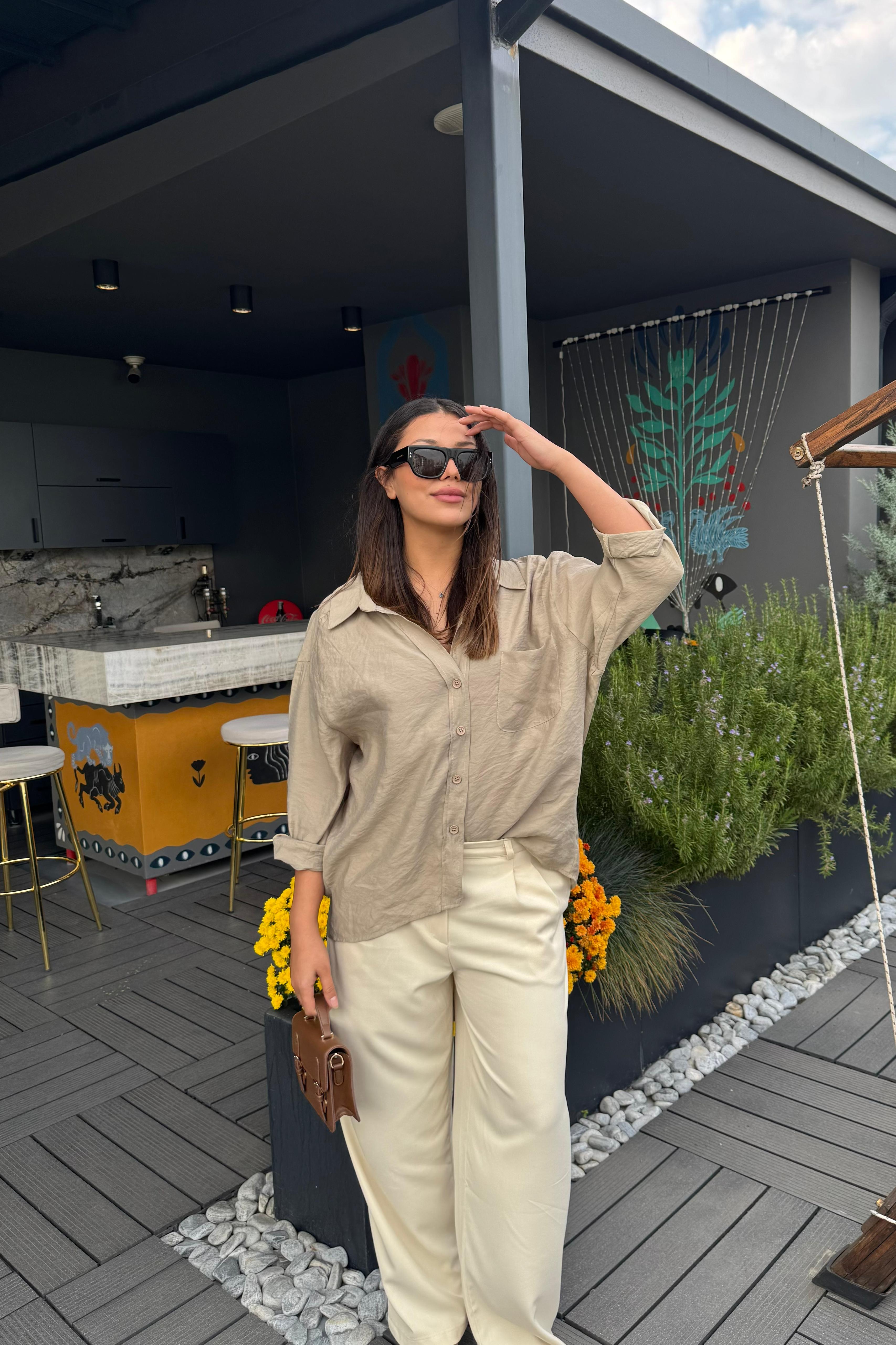 Normal Bel Düz Kesim Palazzo Pantolon – Ekru