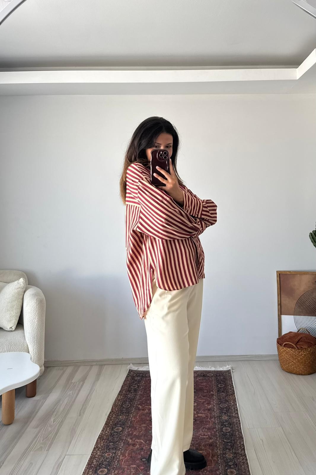 Bordo Çizgili Oversize Uzun Kollu Gömlek