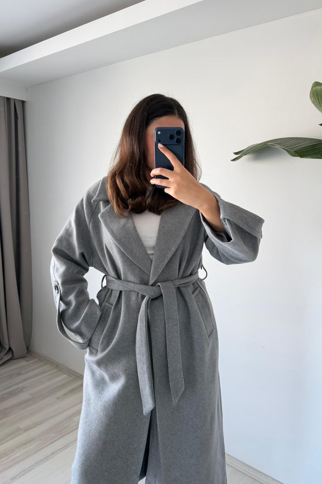 Oversize Kemerli Kaşe Palto - gri