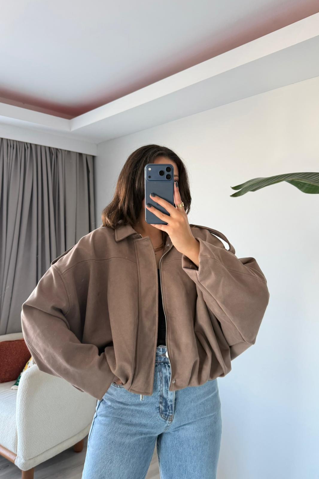 Süet Oversize Ceket - vizon