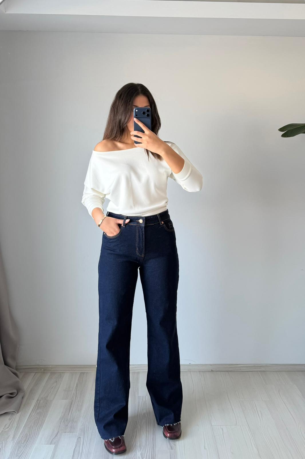 Yüksek Bel Düz Paça Jean- Lacivert