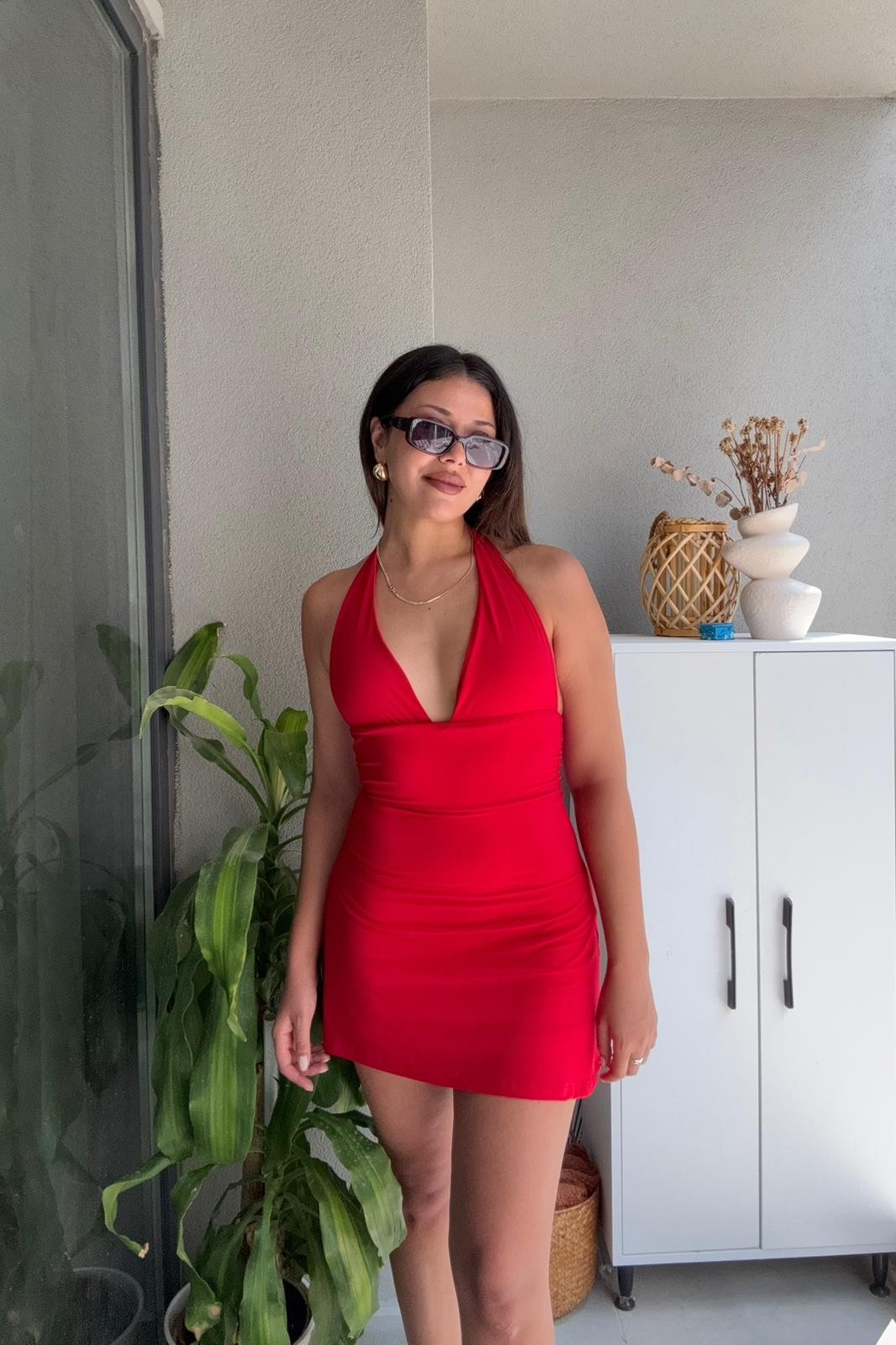 Sandy Bağlamalı Yaza Özel Mini Elbise - kırmızı