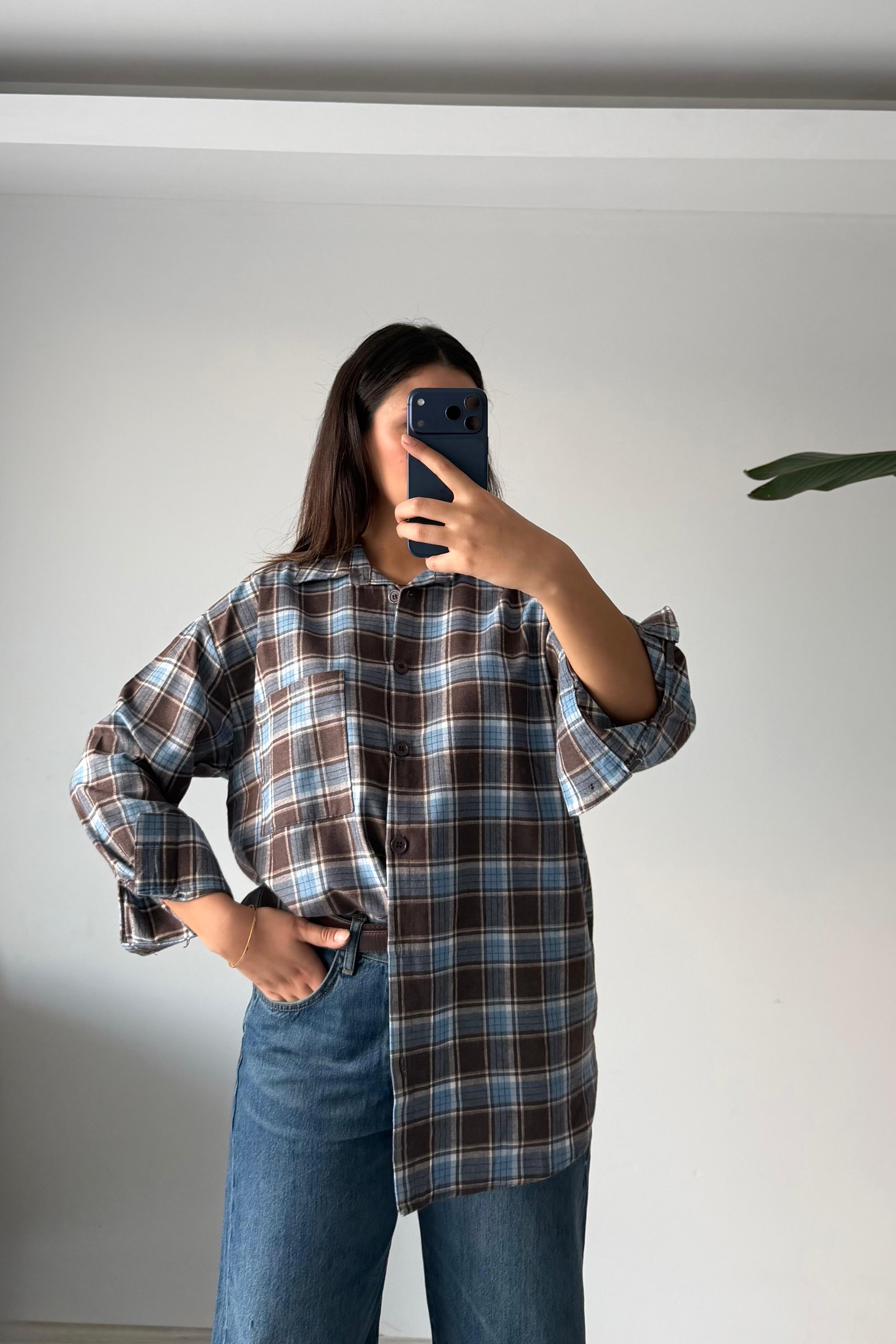 Oduncu Dokulu Kareli Oversize Gömlek - mavi