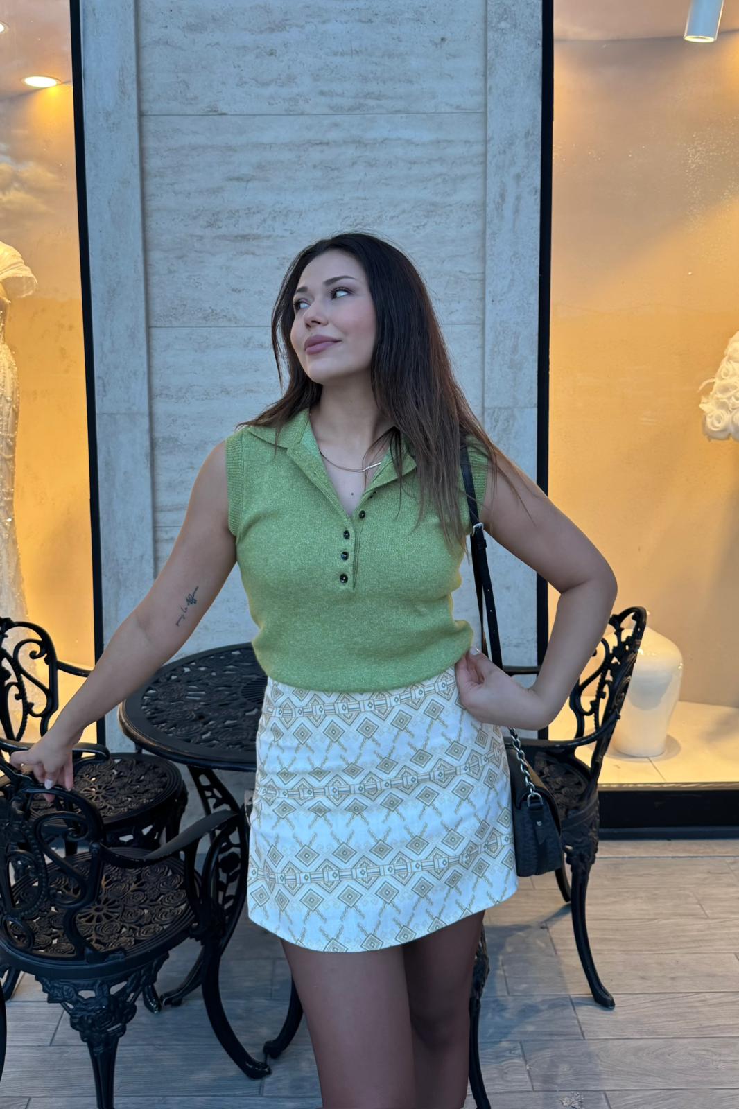 Triko Polo Yaka Kolsuz Bluz - Yeşil