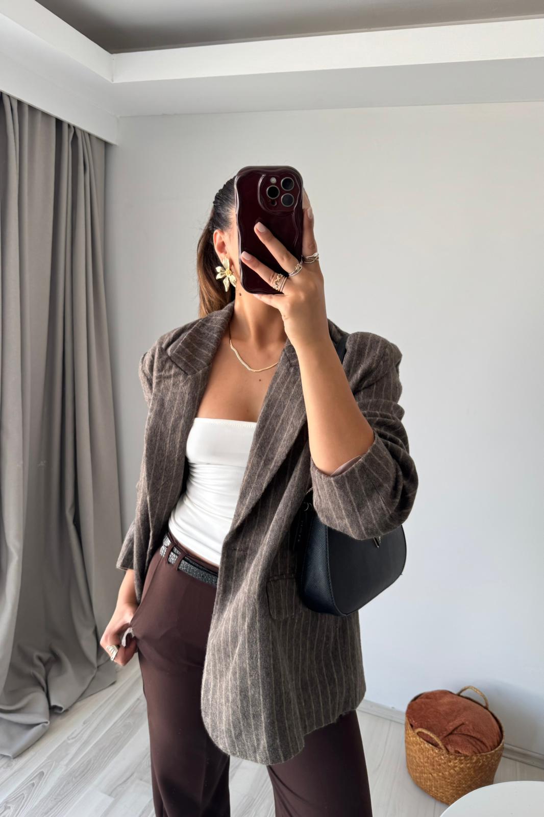 Kahve Çizgili Kaşe Blazer Ceket