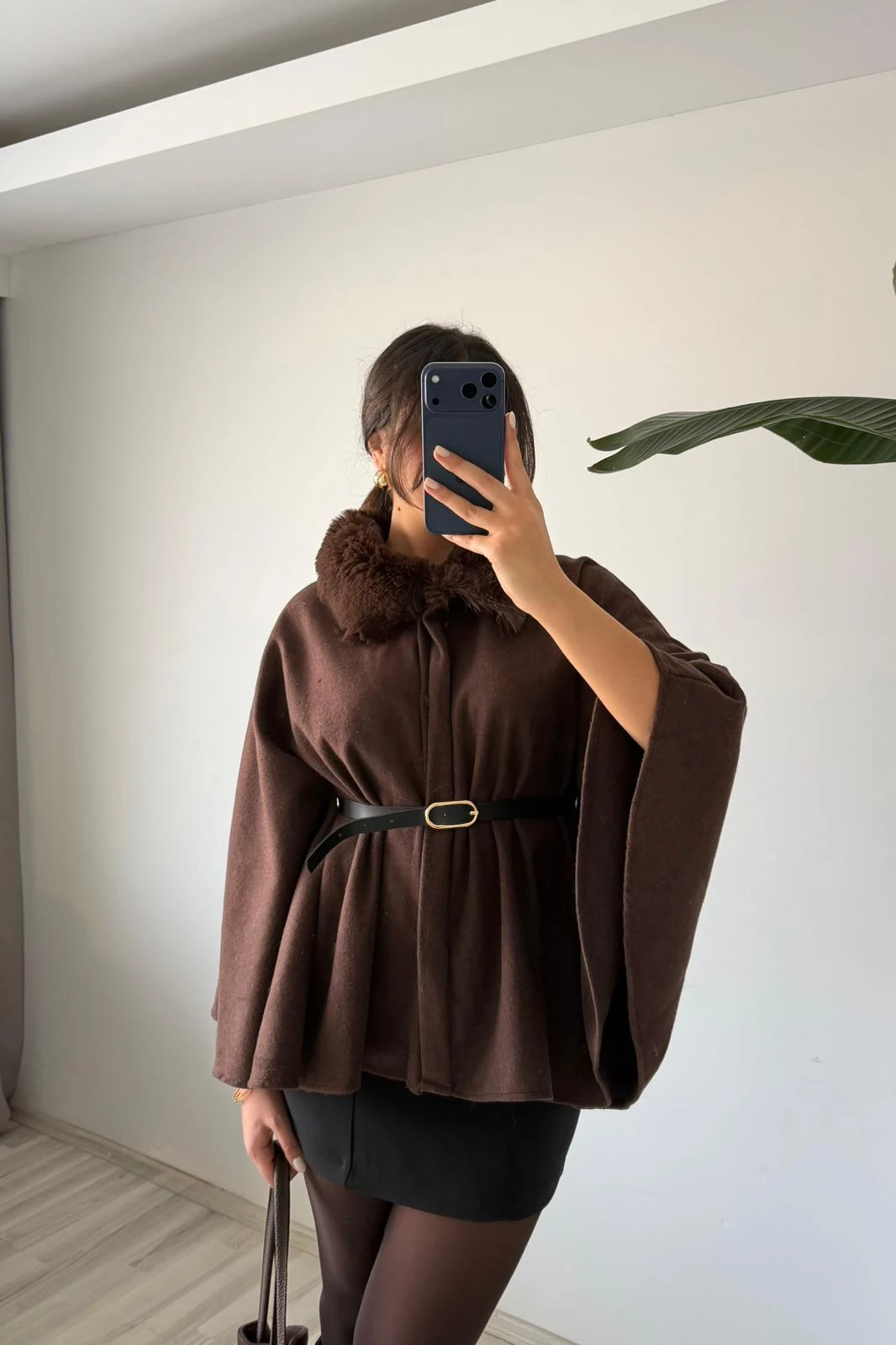 Peluş Yaka Oversize Panço Ceket – Kahverengi