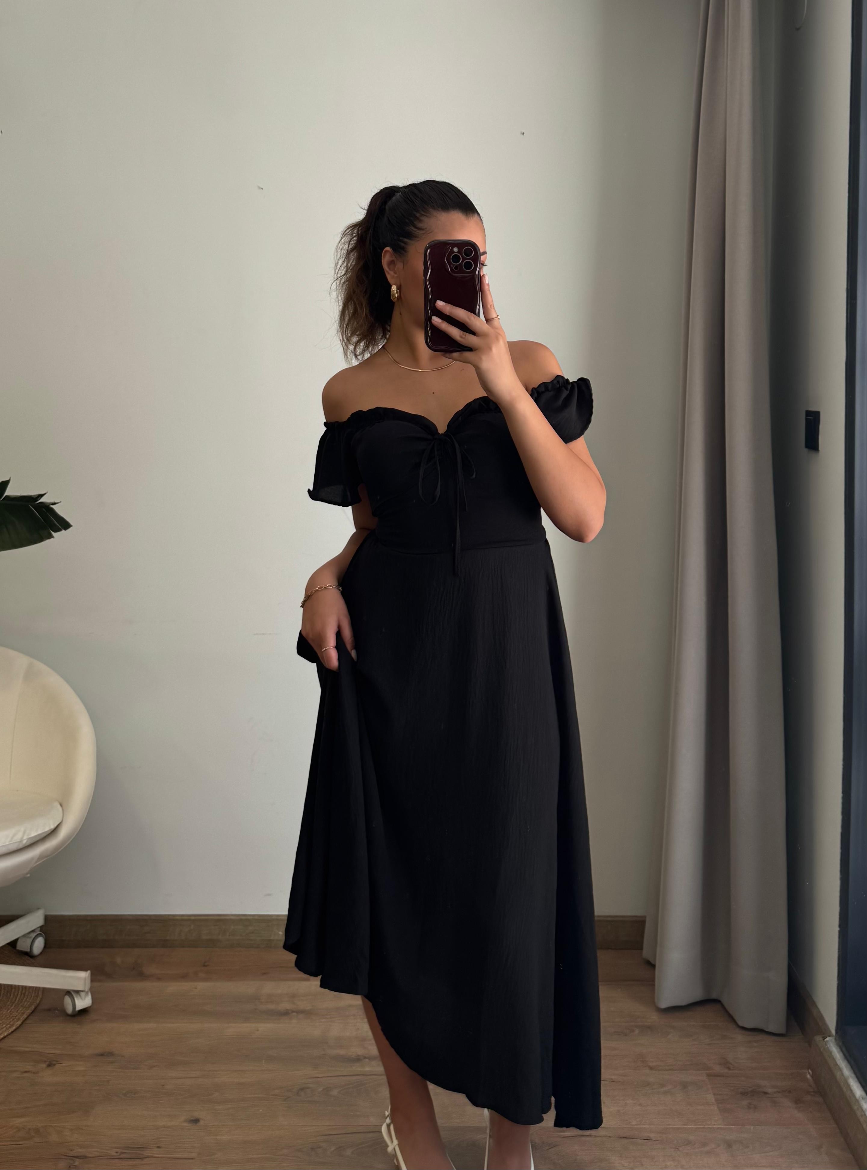 Valeria Omuz Açık Beyaz Midi Elbise - siyah