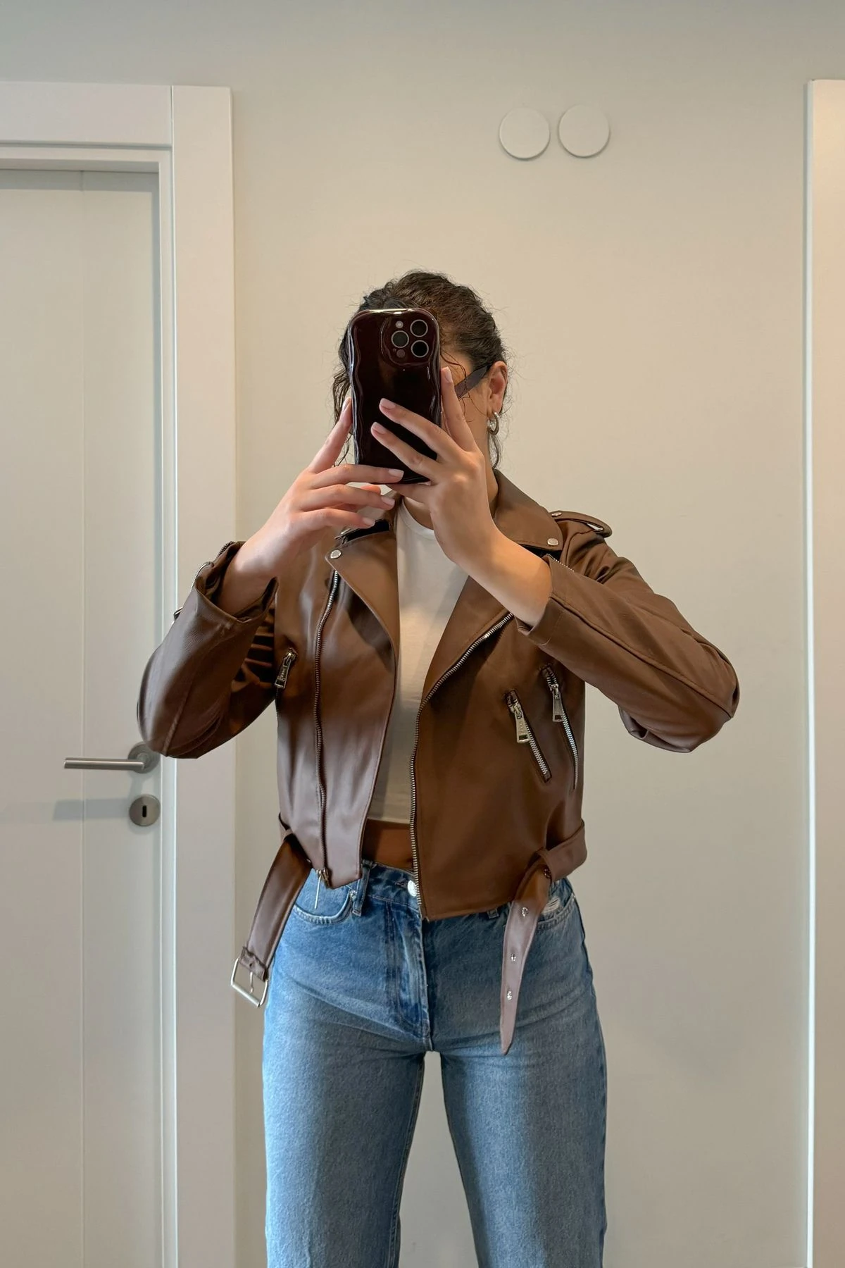 Kemerli Suni Deri Ceket