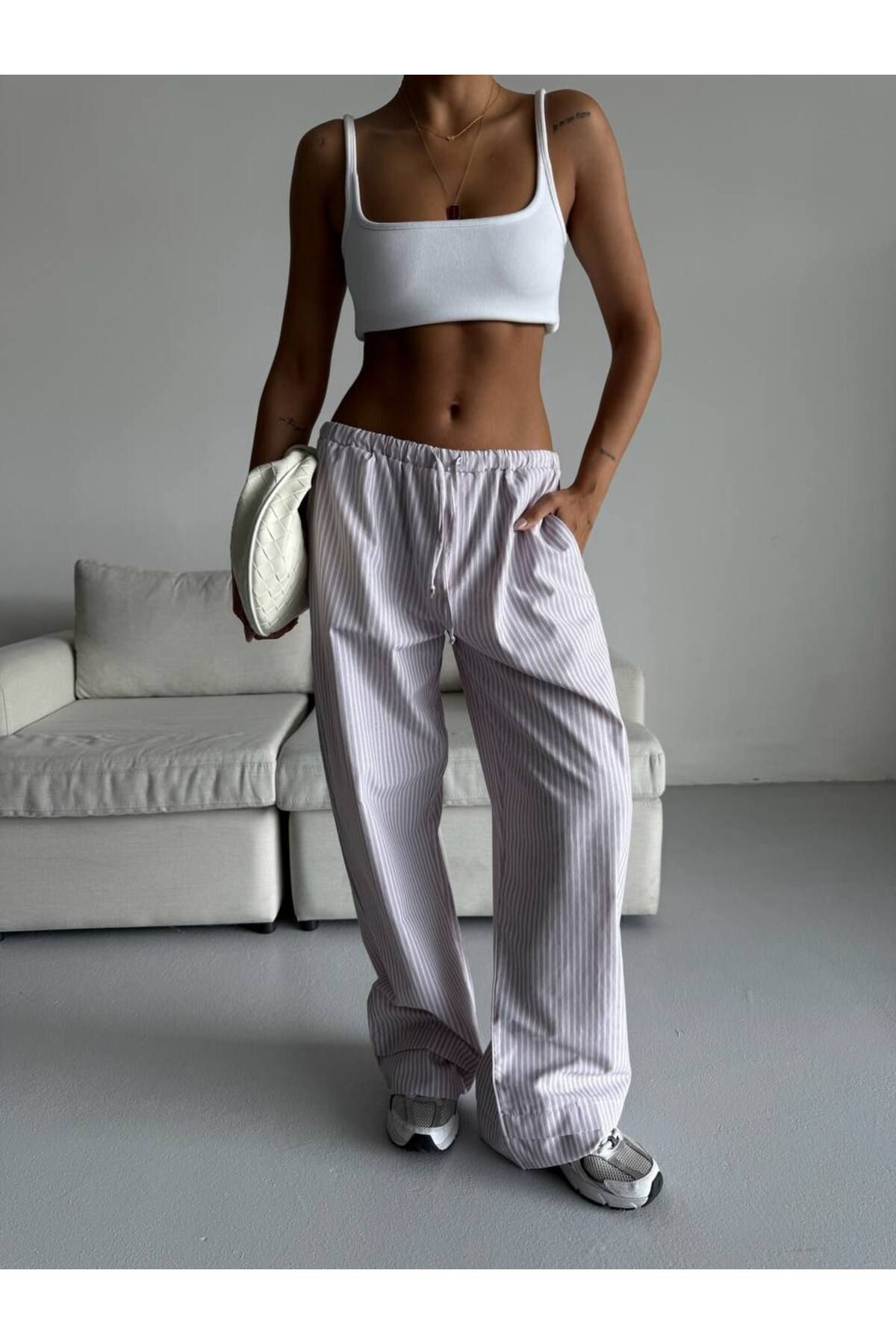 Çizgili Bel Lastikli Oversize Pantolon