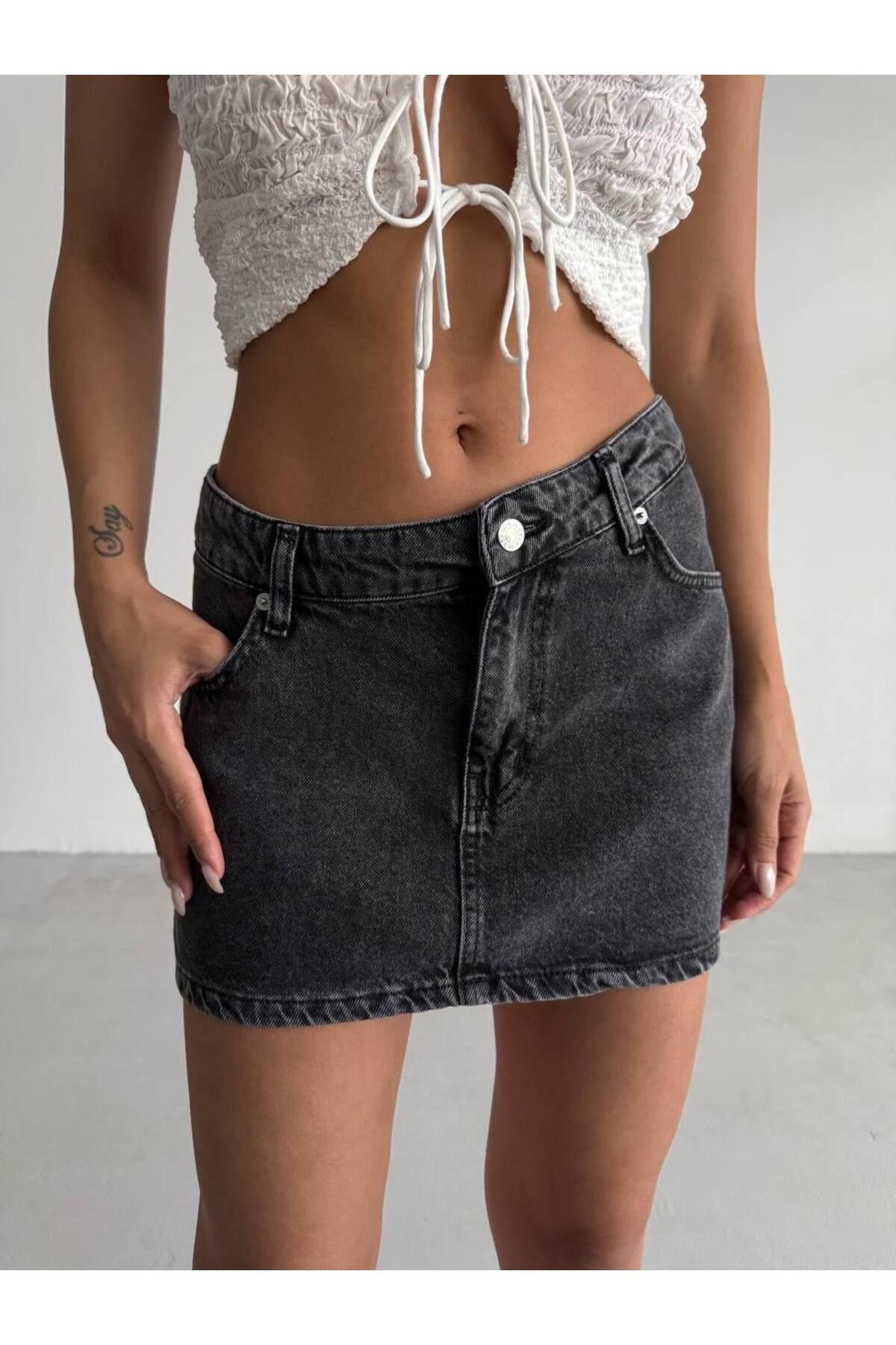 Asimetrik Bel Denim Mini Etek