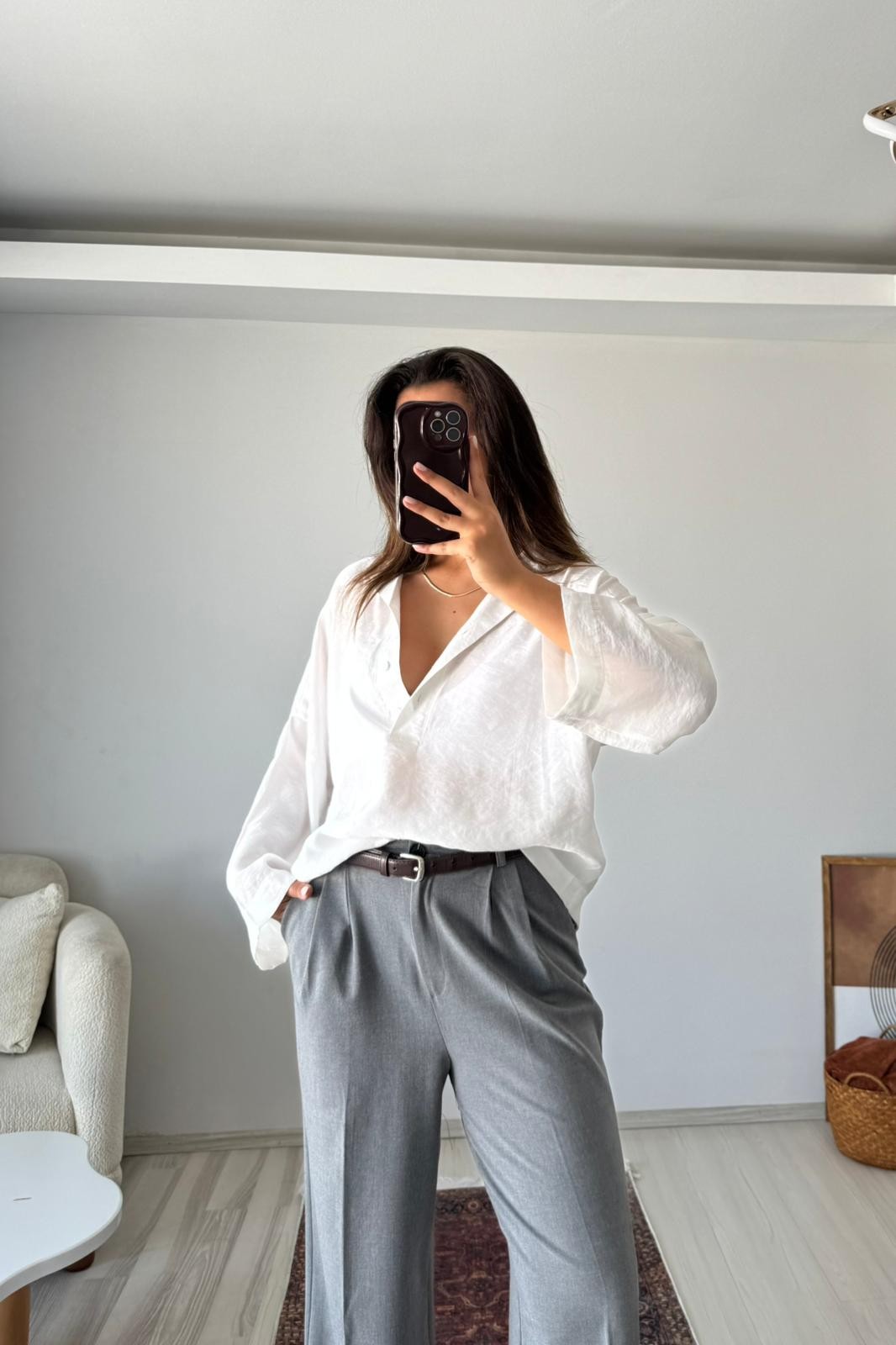 Gamla Oversize Keten Dokulu Polo Yaka Gömlek - beyaz