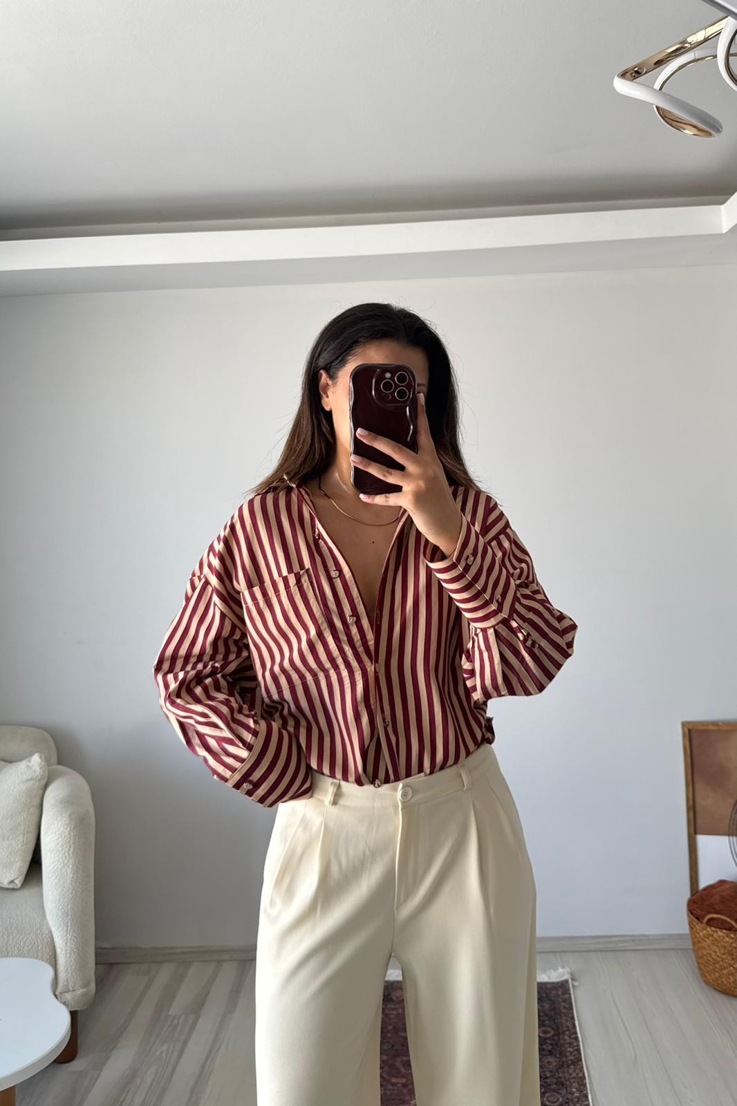 Bordo Çizgili Oversize Uzun Kollu Gömlek