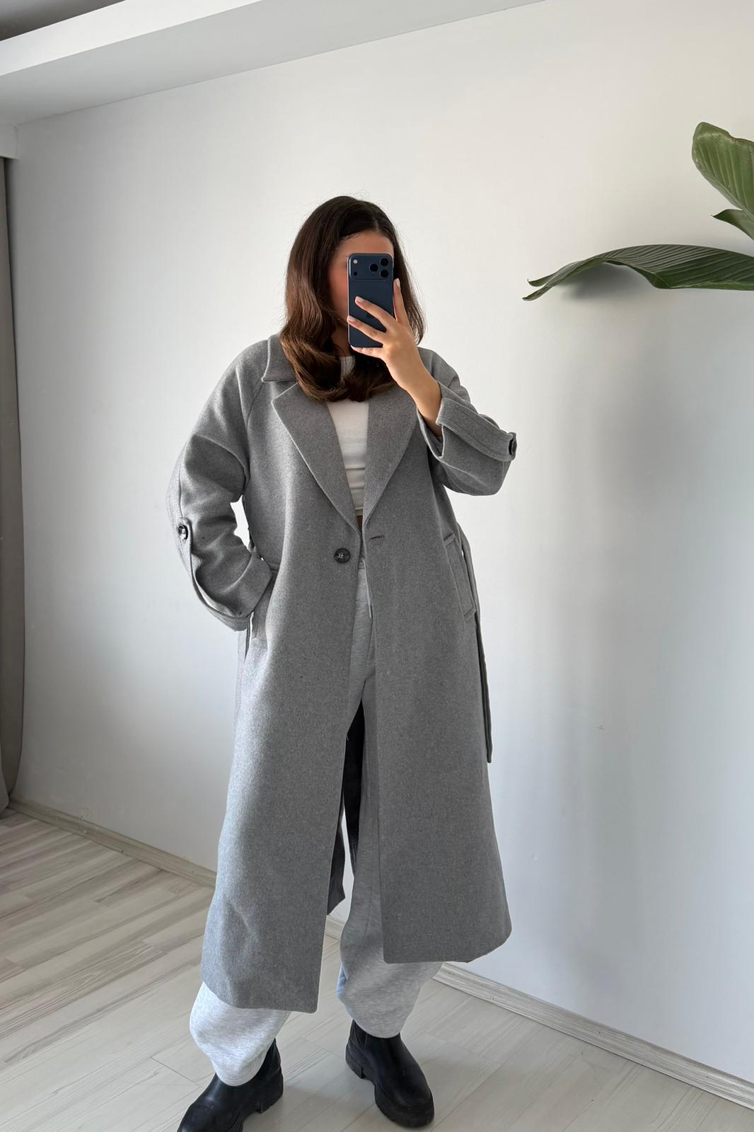 Oversize Kemerli Kaşe Palto