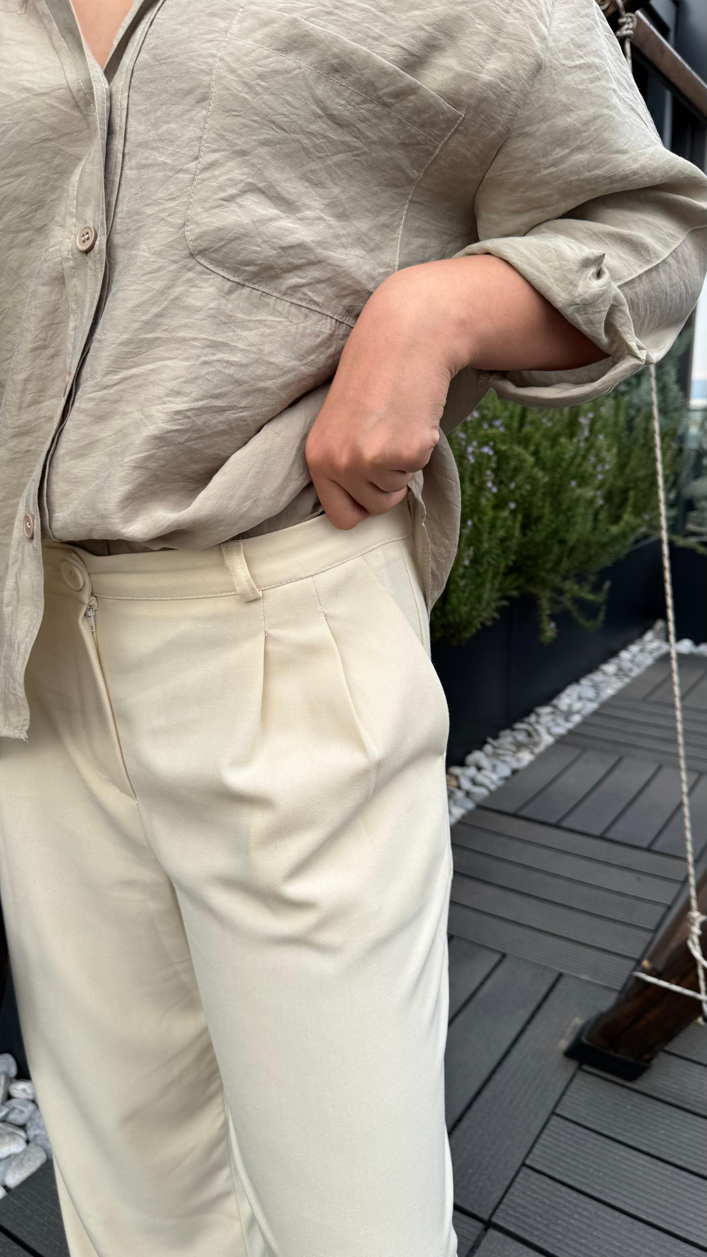 Normal Bel Düz Kesim Palazzo Pantolon – Ekru