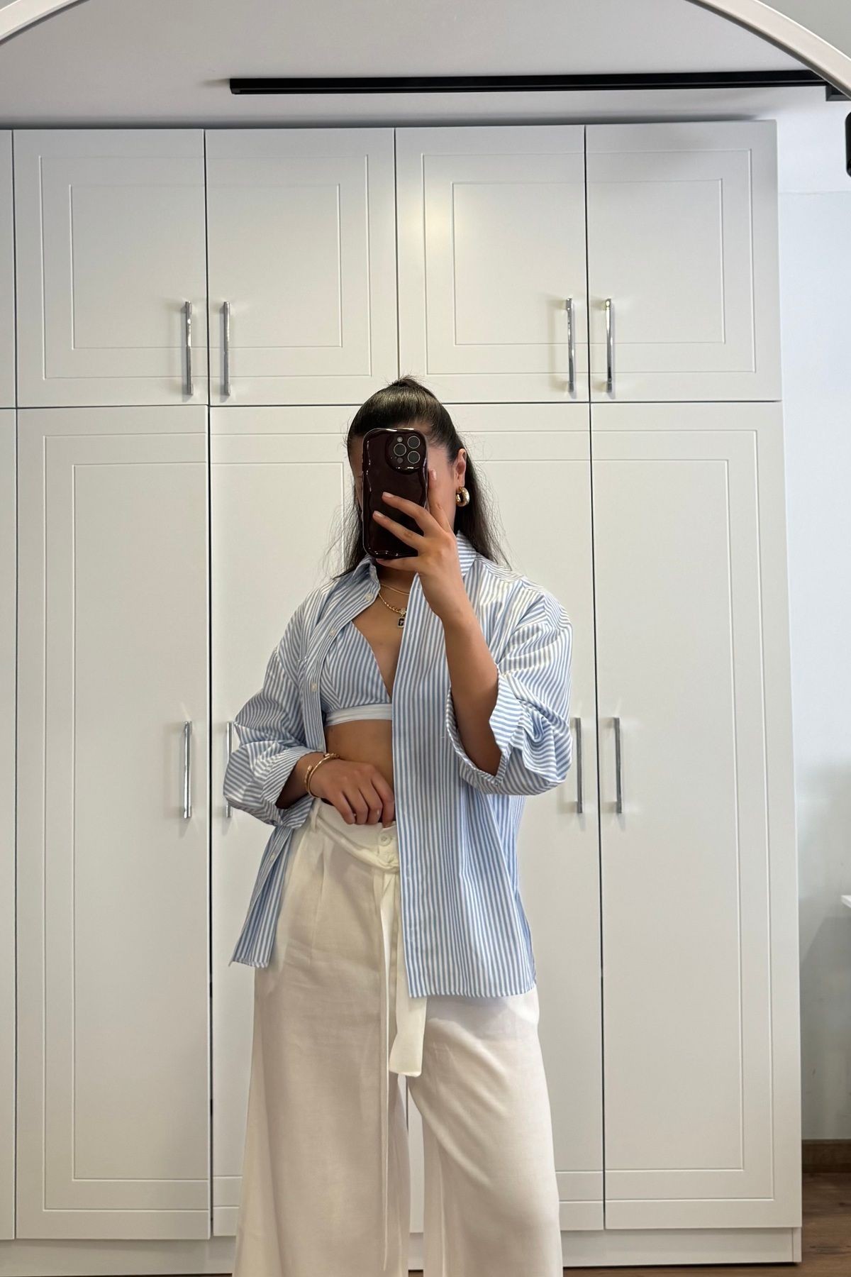 Kadın Çizgili Oversize Gömlek & Bralet Takım