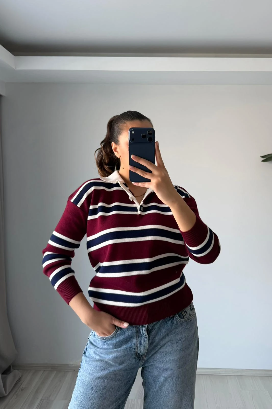 Polo Çizgi Triko – Bordo