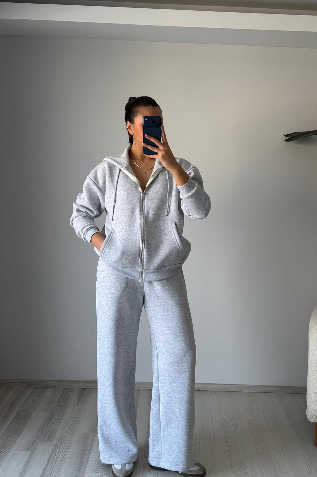 Gri Üç İplik Şardonlu Oversize Eşofman Takımı