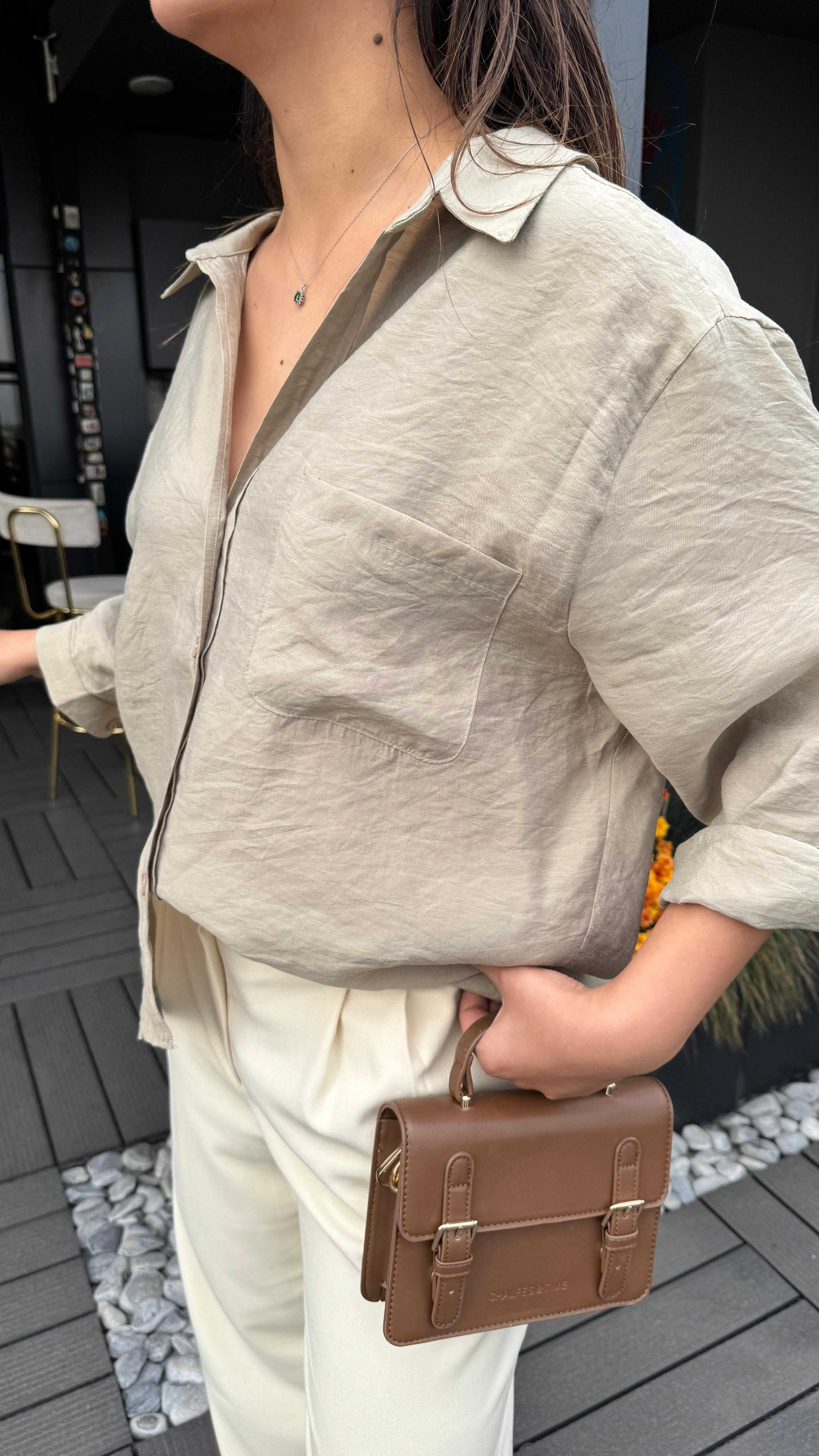 Oversize Keten Dokulu Gömlek