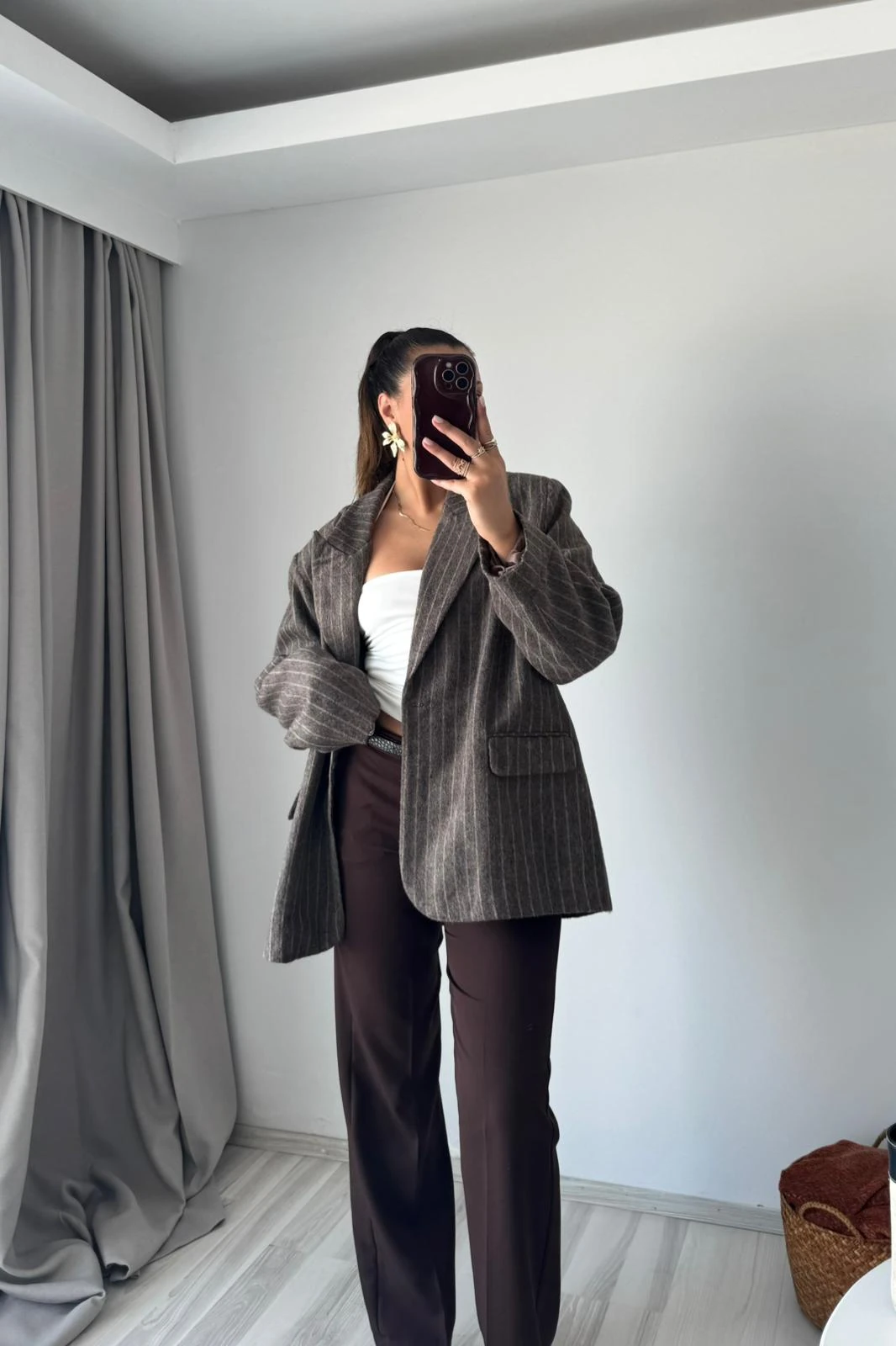 Kahve Çizgili Kaşe Blazer Ceket