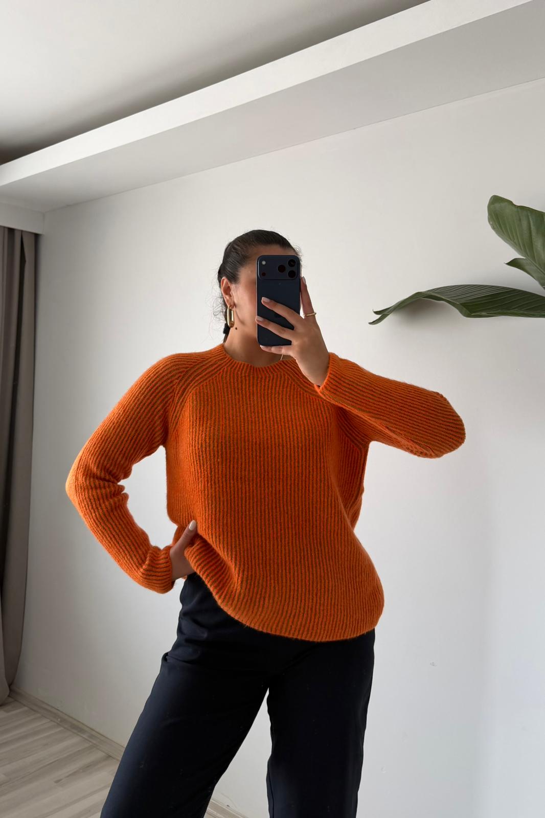 Raglan Fit Triko Kazak - turuncu