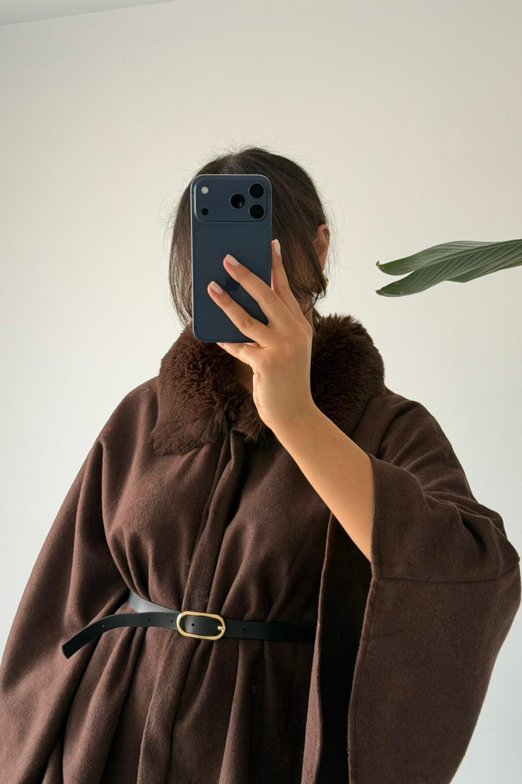 Peluş Yaka Oversize Panço Ceket – Kahverengi