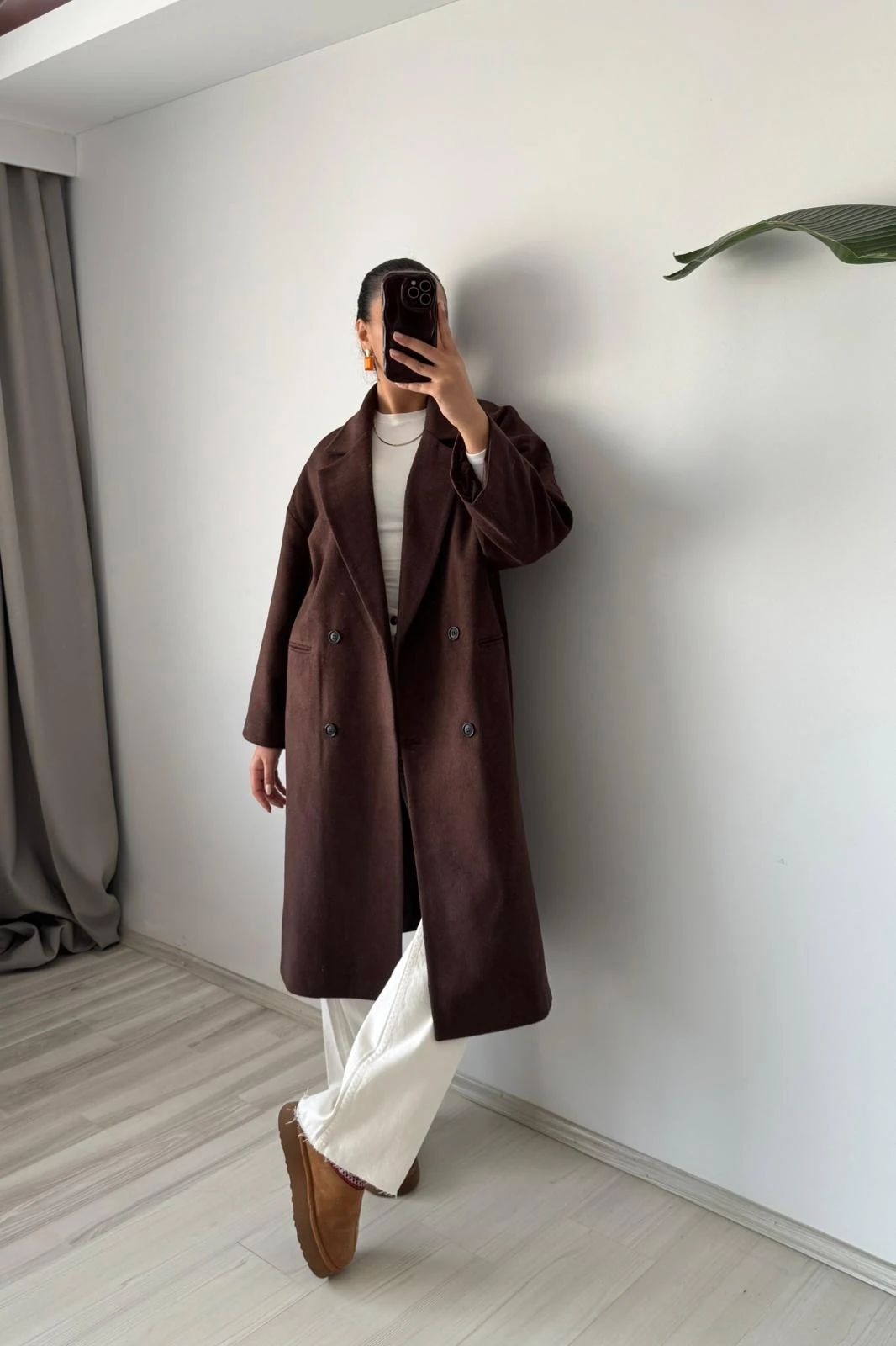  Düğmeli Oversize Uzun Kaban - kahverengi