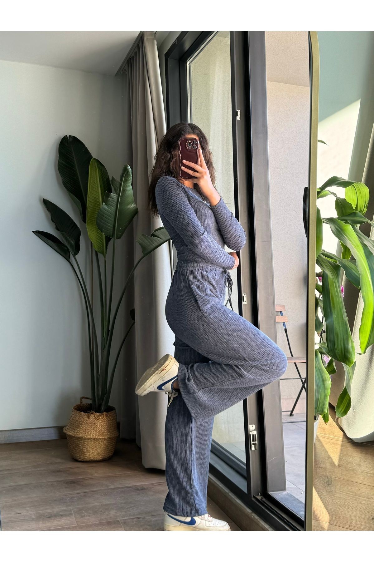 Bisiklet Yaka Yanı Büzgülü Bluz Pantolon Takım