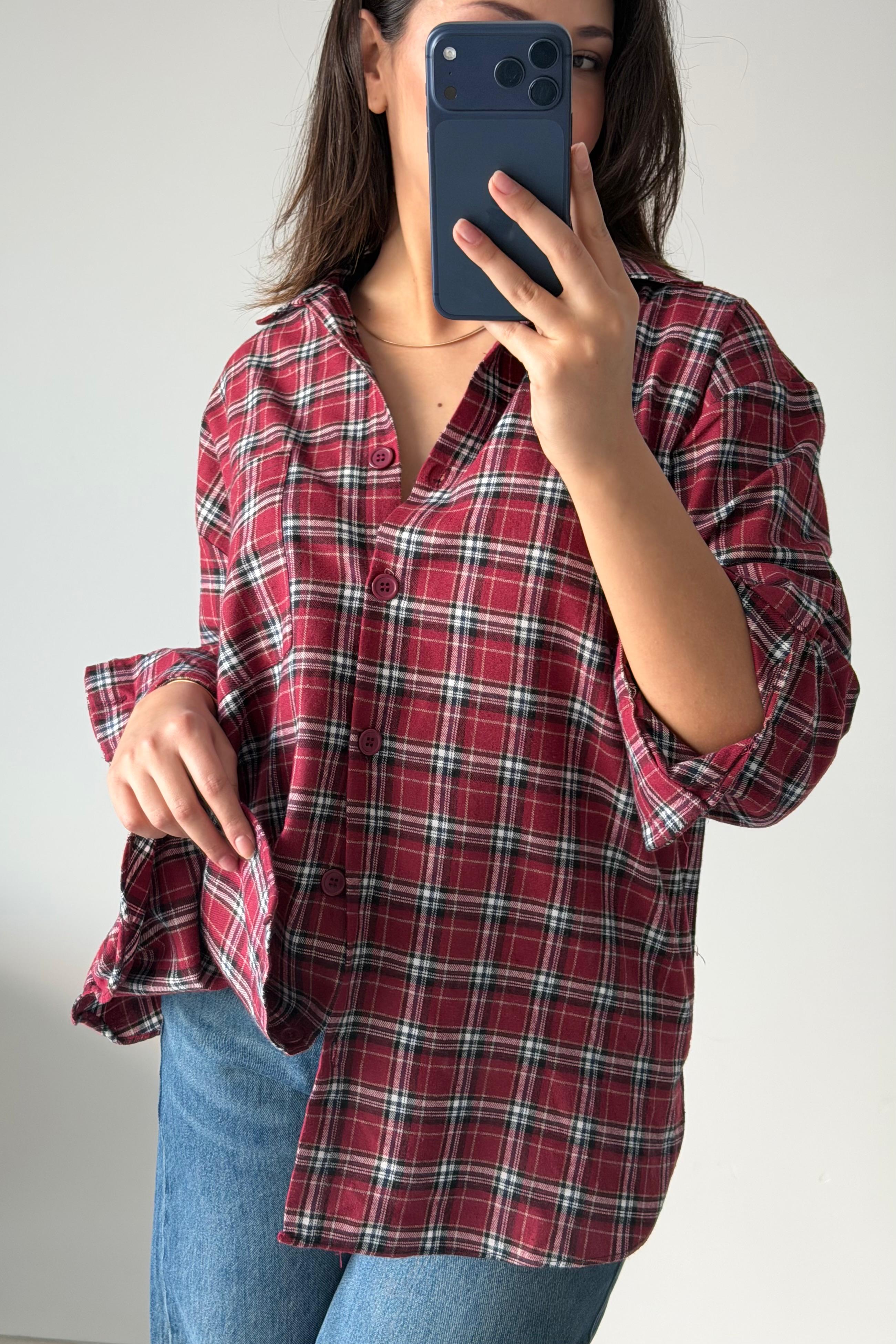 Oduncu Dokulu Kareli Oversize Gömlek - kırmızı